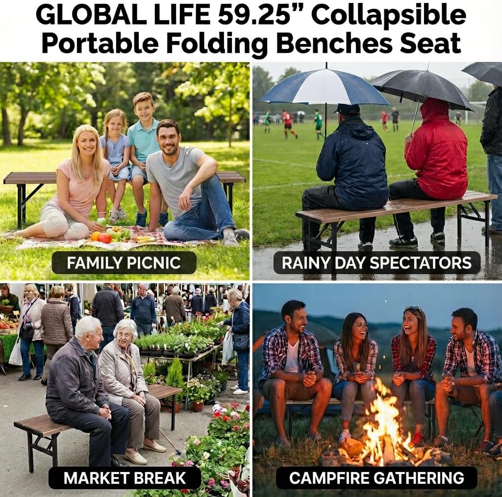 Collapsible Portable Folding Benches Seat for Outside Seating Soccer Sports Team Camping Foldable Bench Iron Tubes,Brown-59.25"