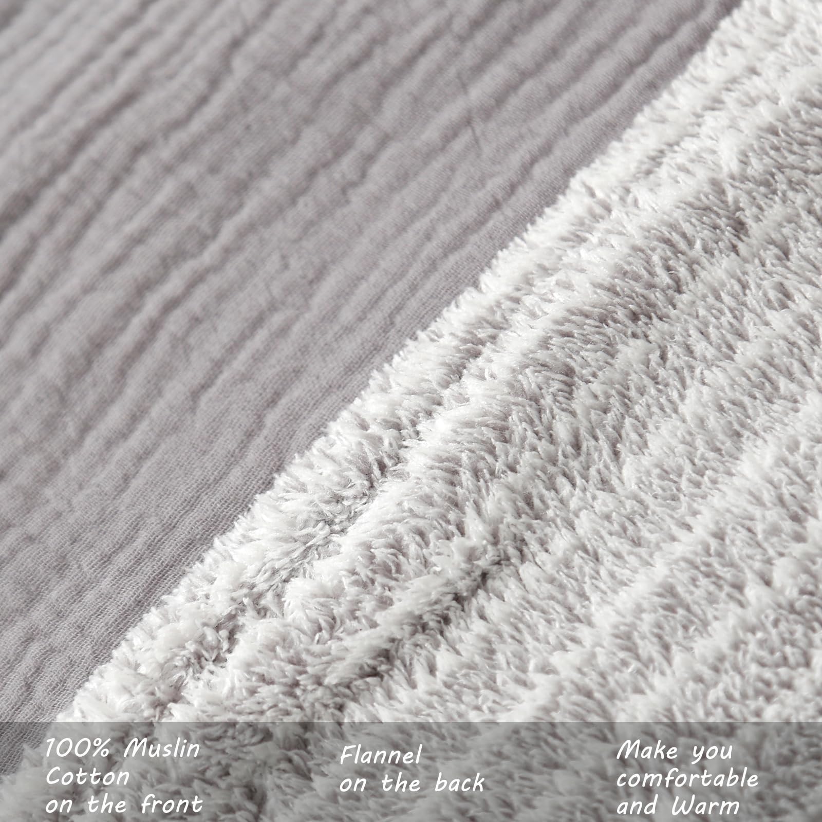 Coperta in mussola di cotone con flanella per letto, coperta in mussola super morbida con accogliente flanella per adulti, 140 x 183 cm, grigia.