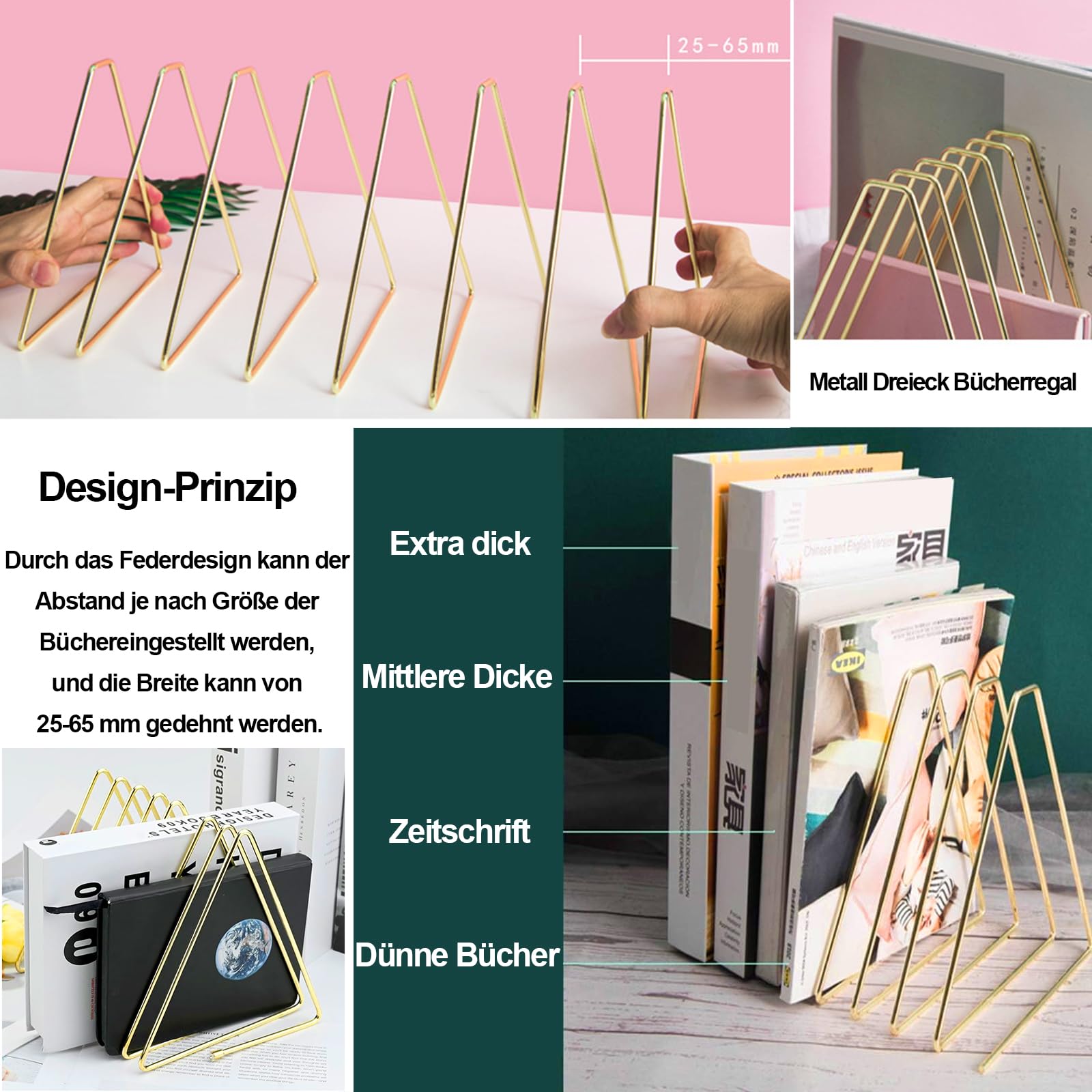 Metall Dreieck Bücherregal, Dreieckig Zeitungshalter, Halter Dreieck Desktop Metall, 7 Steckplätze Zeitungsständer, Dokumente Ordner Ständer, für Zierpflanzen, Bücherregal, Zeitschriftenständer, Gold