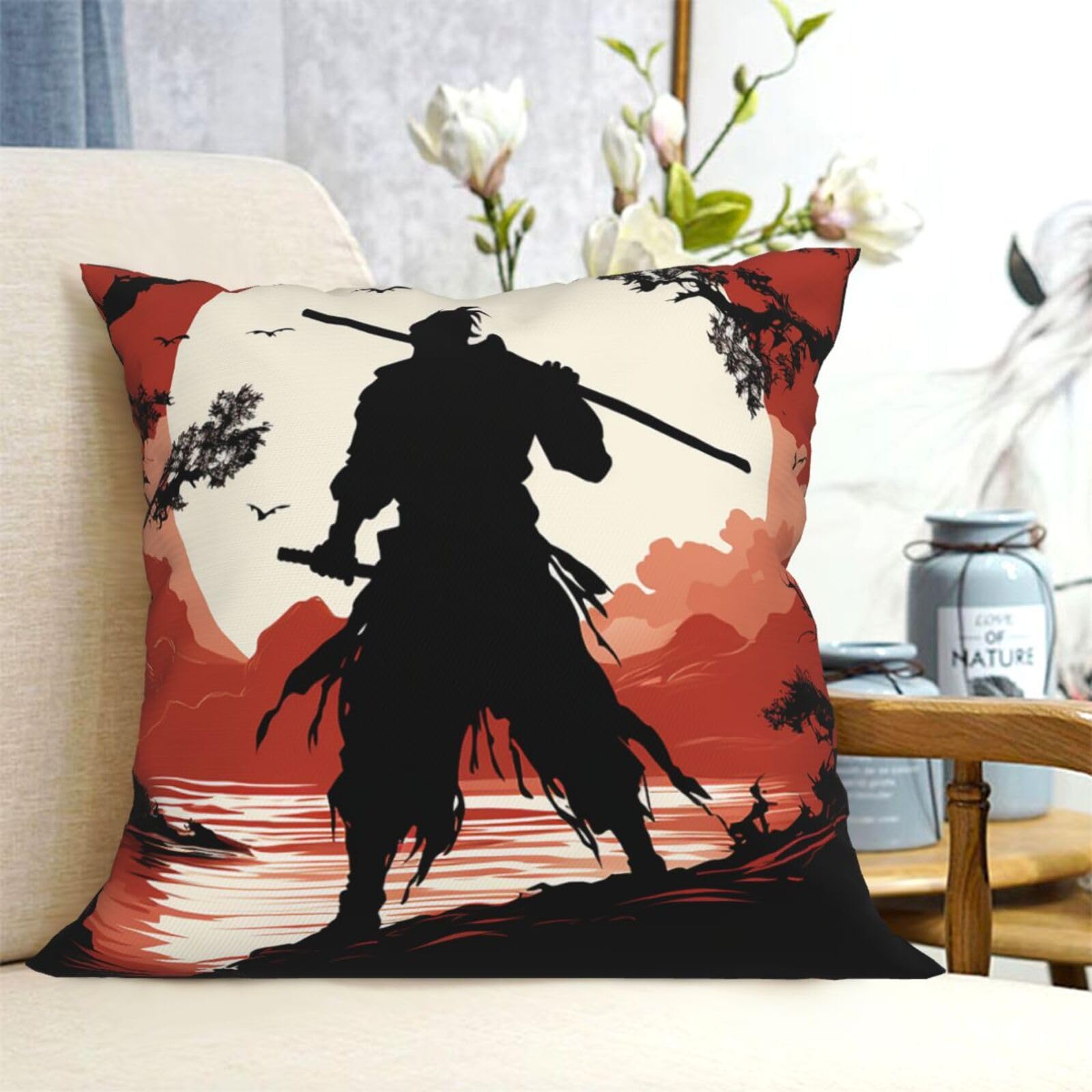 Fodpand Black Decorative Throw Pillow Covers 20"X20" Samurai Cushion Cases Square Modern Farmhouse Pillow Cases Soft Cozy Cushion Covers For Couch Sofa Bedroom Home Decor Pillowcase