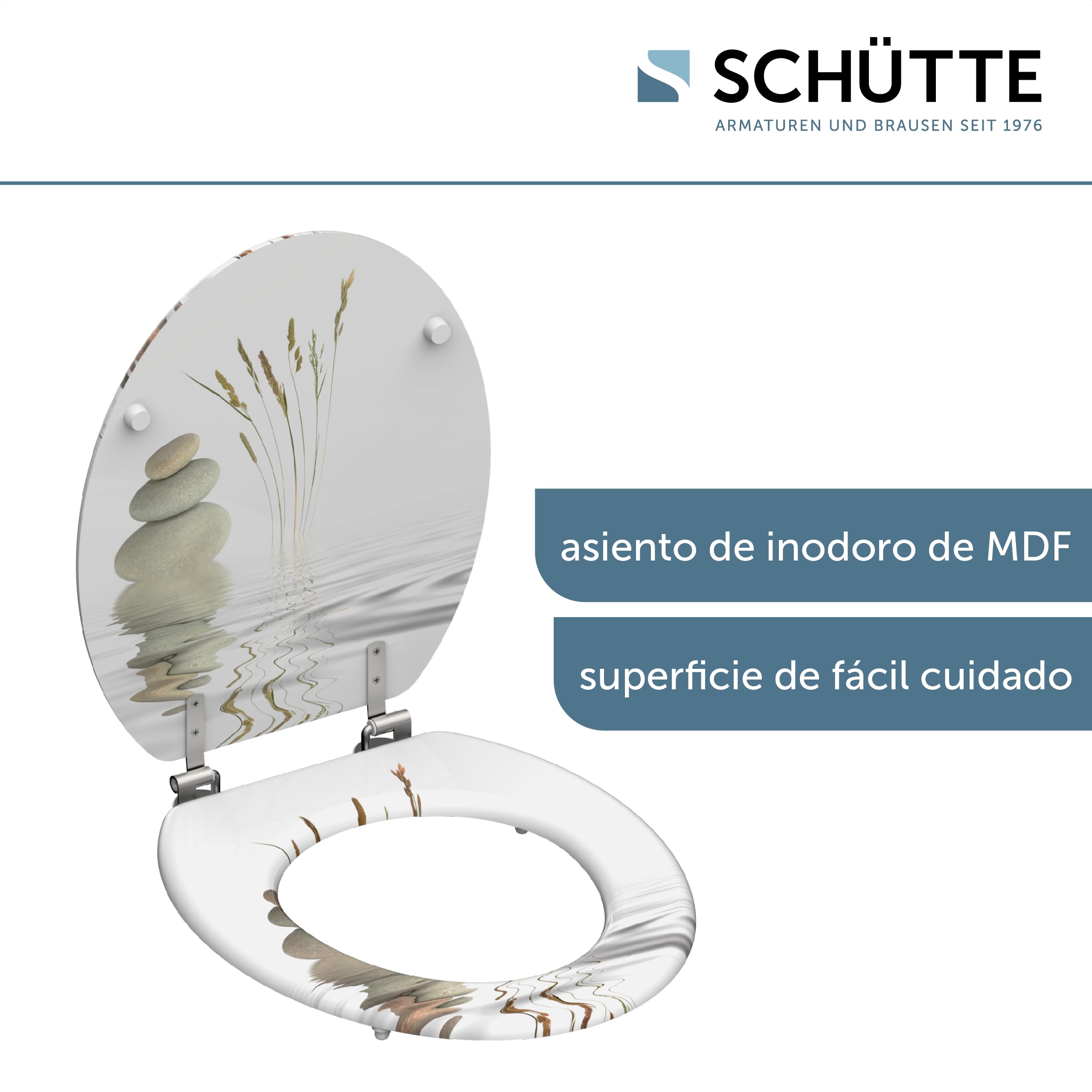 SCHÜTTE 80022 Balance - Asiento de inodoro con núcleo de madera, apto para todos los inodoros habituales, carga máxima de las gafas de inodoro de 150 kg, diseño de piedras en gafas y tapas