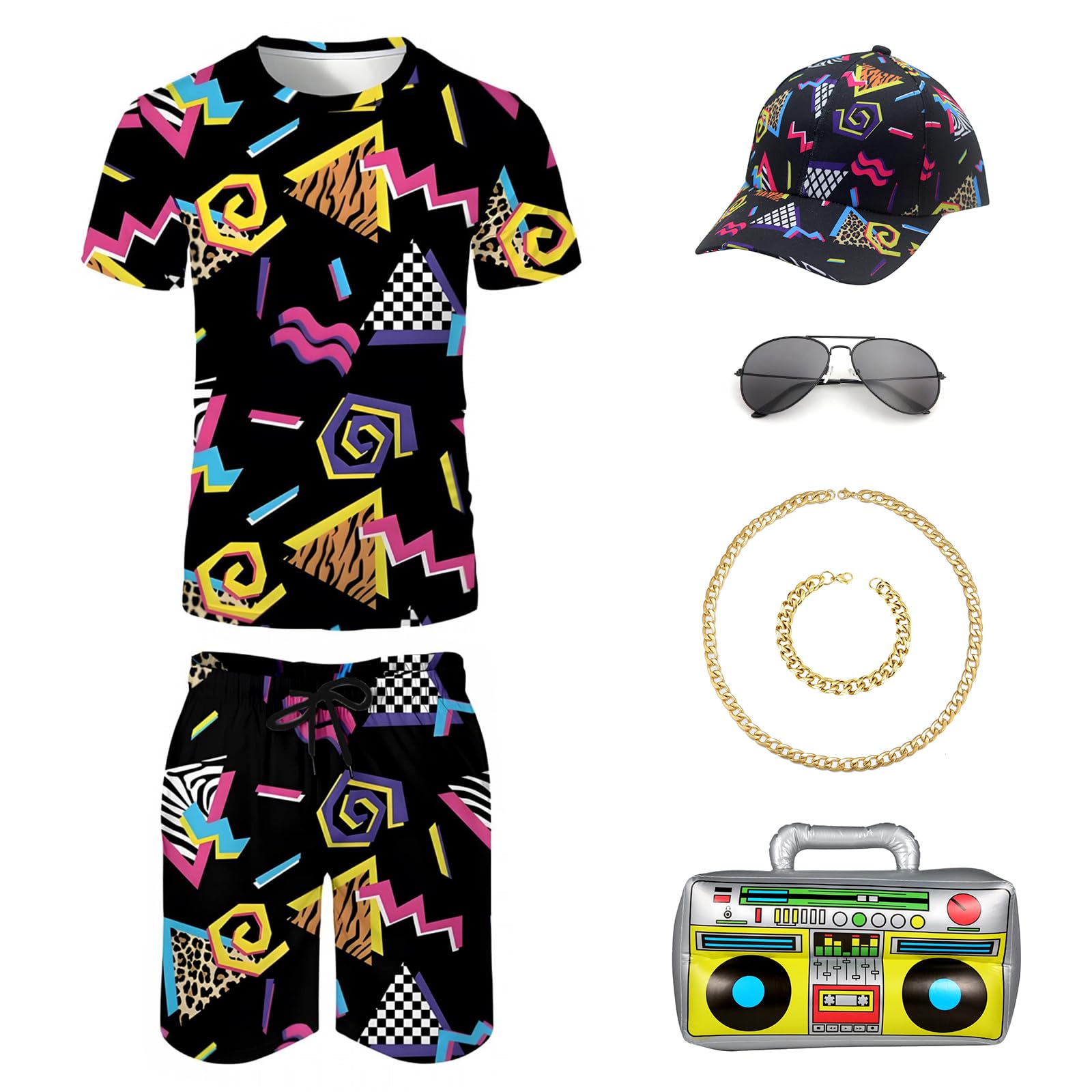 80s 90s Hip Hop Costume for Men, 80s 90s Shell Suit Costume Hip-hop T-shirts and Shorts Baseball cap Gold Chain Rapper Accessories, Disco Carnival Costumes (XL)