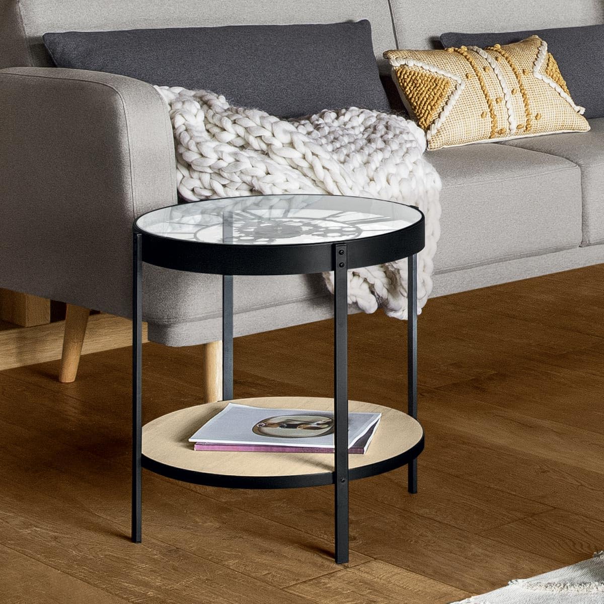 ATMOSPHERA CREATEUR D'INTERIEUR M2GDECOR Table d'appoint Double Niveau - Table Pendule - Meca - D 50,5 x H 49 cm