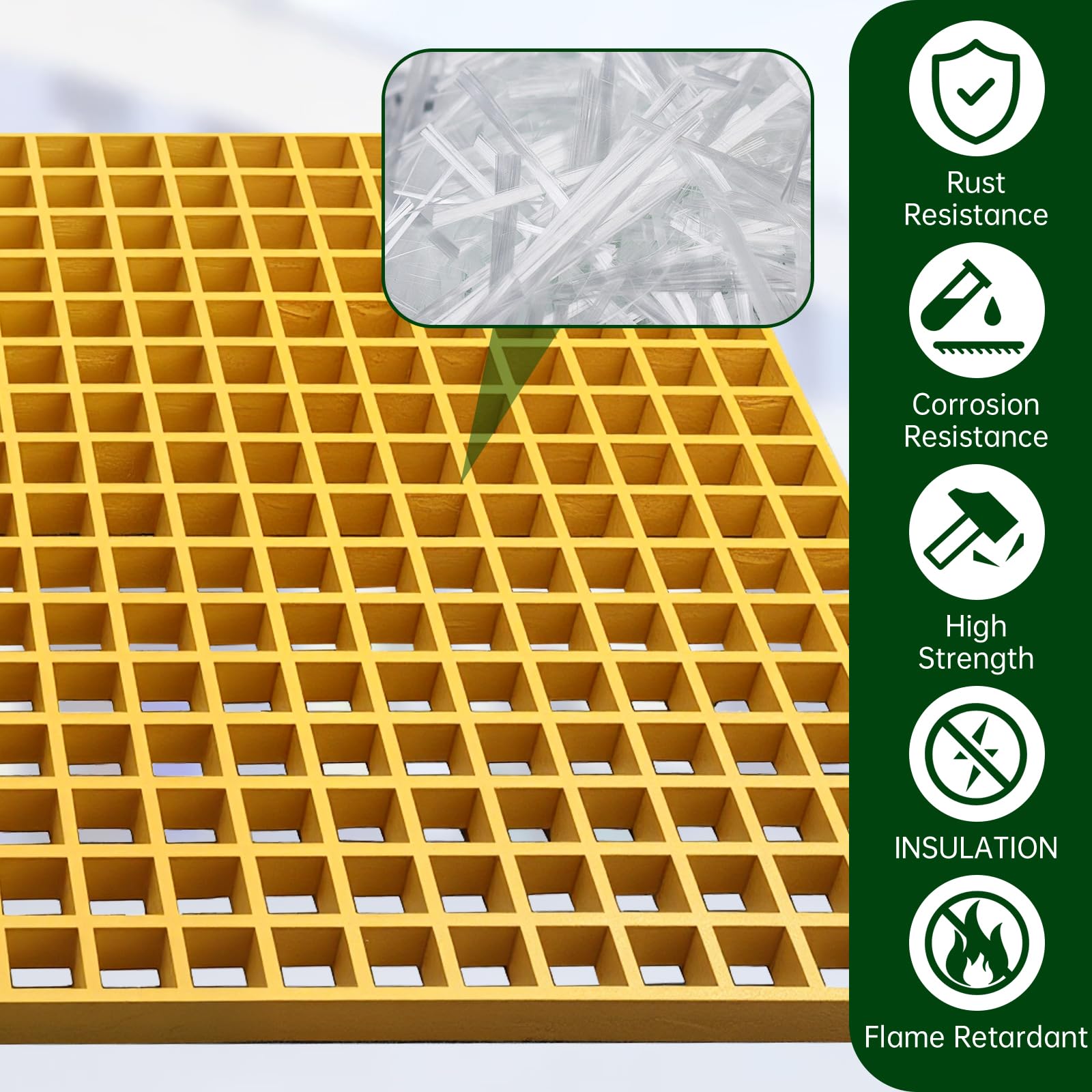 2'x2' Fiberglass Molded Grating - 1.5''x1.5''x1.5'' Fiberglass Bar Grille Plate, Heavy Duty FRP Industrial Square Grate Panel for Car Wash, Decks, Stairs, and Garage — Amazon image 3