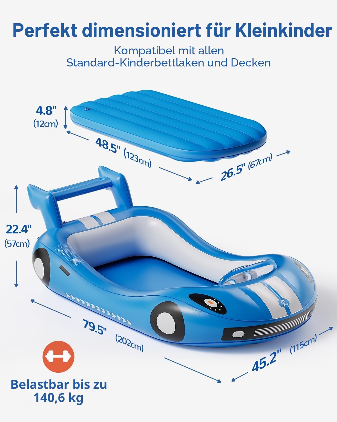 QPAU Aufblasbares Kinderreisebett mit Rausfallschutz 202x115cm – Inkl. Handpumpe+Tragetasche – Luftmatratze für Kleinkinder Schlafen – Campingbett & Hotelbett Reisen/Zuhause – Blau