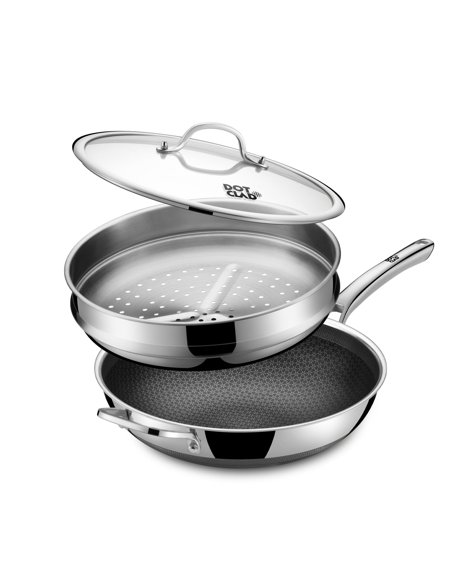 DOTCLAD 13 Inch Hybrid Stainless Steel Wok with Lid and Steamer Basket, Non Stick Stir Fry Pan, PFOA-Free, Works on Induction, Dishwasher &amp; Oven Safe