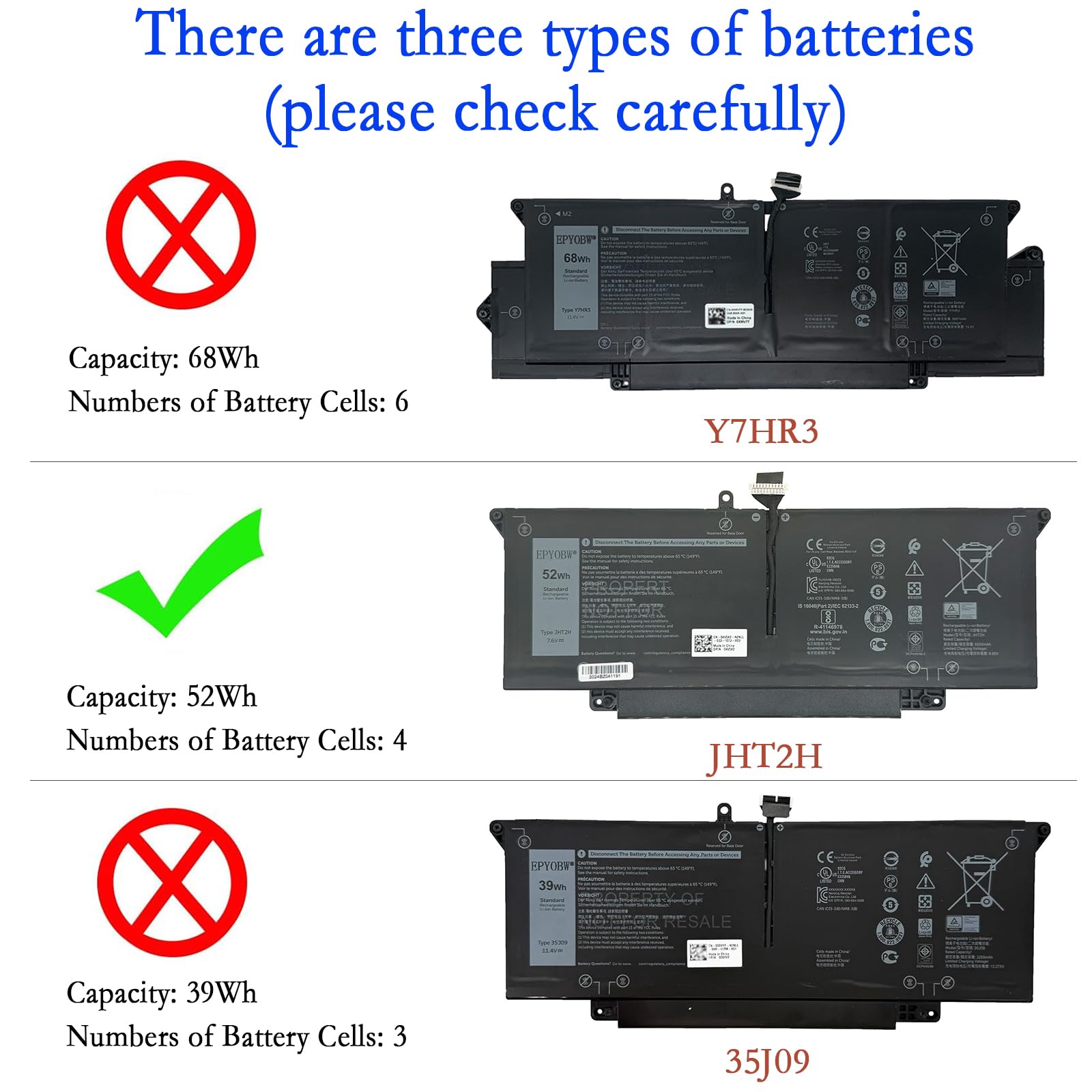 EPYOBW JHT2H Battery 52Wh 6500mAh 4-Cell 7.6V Compatible with Dell
