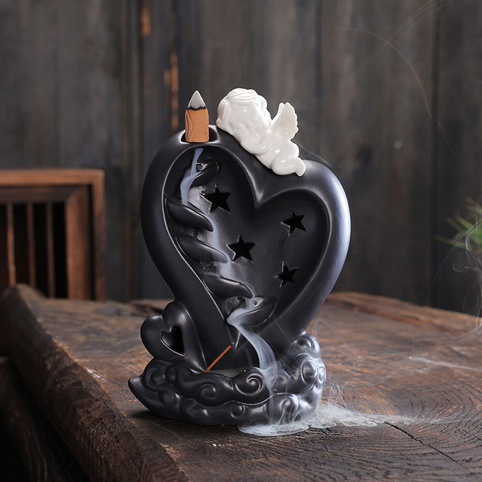 Quemador de incienso de reflujo, incienso de cerámica de ángel con LED, fuente de cascada para conos y palos, aromaterapia, decoración del hogar, regalo de meditación, incienso no incluido