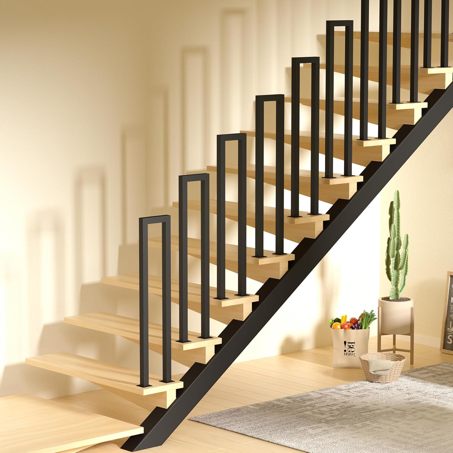 U字型階段手すり、屋内屋外アイアンマットブラック階段手すり、床取り付け式工業用ハンドレール、滑り止めサポートバーポーチデッキロフト廊