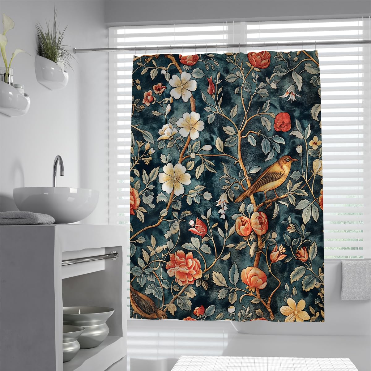 OLLIAR Home Vintage Flower Birds Shower Curtain 100x180 Elegant Botanical Blossom Peony Cottagecore Blue Leaves Scenery Bathroom Set Accessories Decor with Hooks