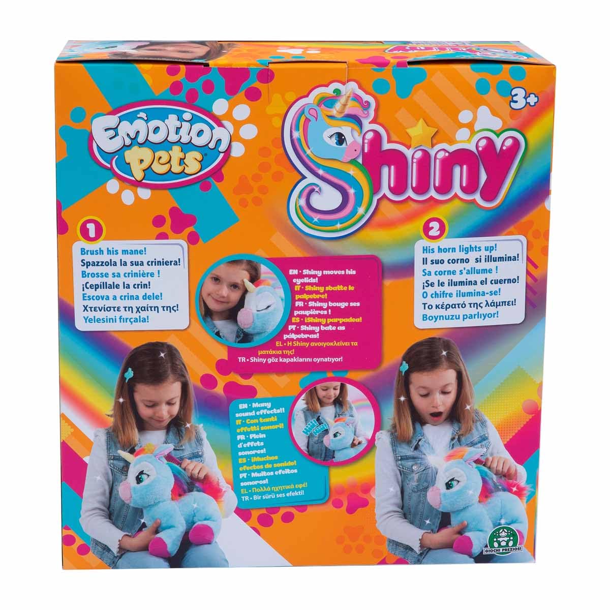 Giochi Preziosi Emotion Pets, Shiny Pluszowy jednorożec, zabawki dla dzieci 3 lata +, interaktywna pluszowa zabawka ze szczotką i 2 kolorowe spinki, kolor niebieski i grzywa i tęczowy ogon