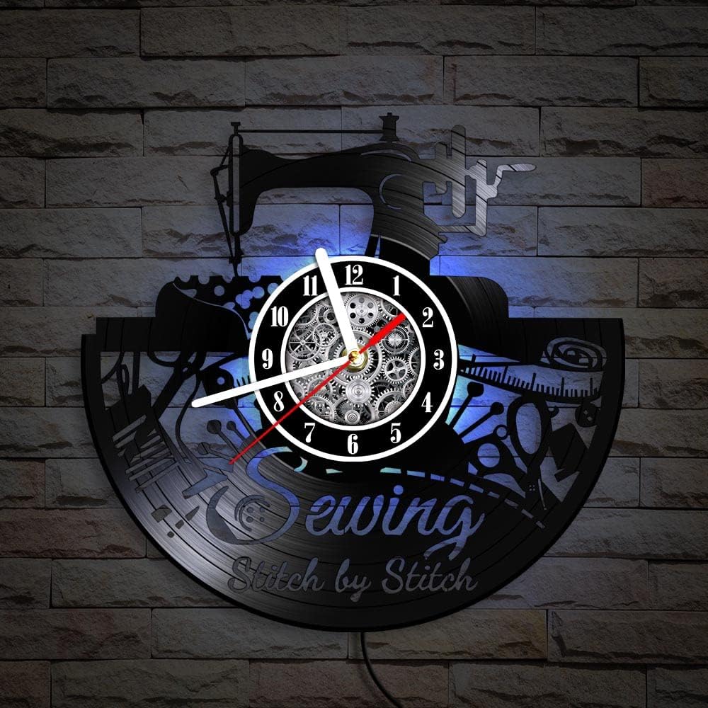 The Geeky Days LED Vinyl Record Wall Clock, Sewing Machine Quilting Tools Silent Non Ticking Clock 7 Color Light, Tailor Seamstress Sign 12inch Modern Hanging Watch Studio Decor
