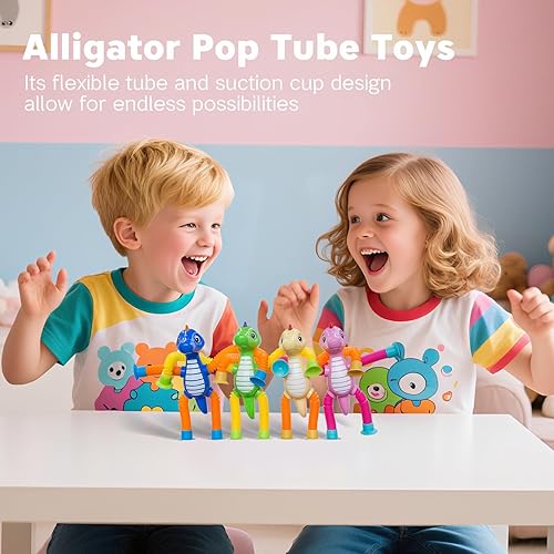 Miniatura 12 de DoDoMagxanadu Tubos Pop Fidget Juguetes para niños, juguetes de animales, paquete de 4 juguetes telescópicos con ventosa para edades de 3, 4, 5, 6