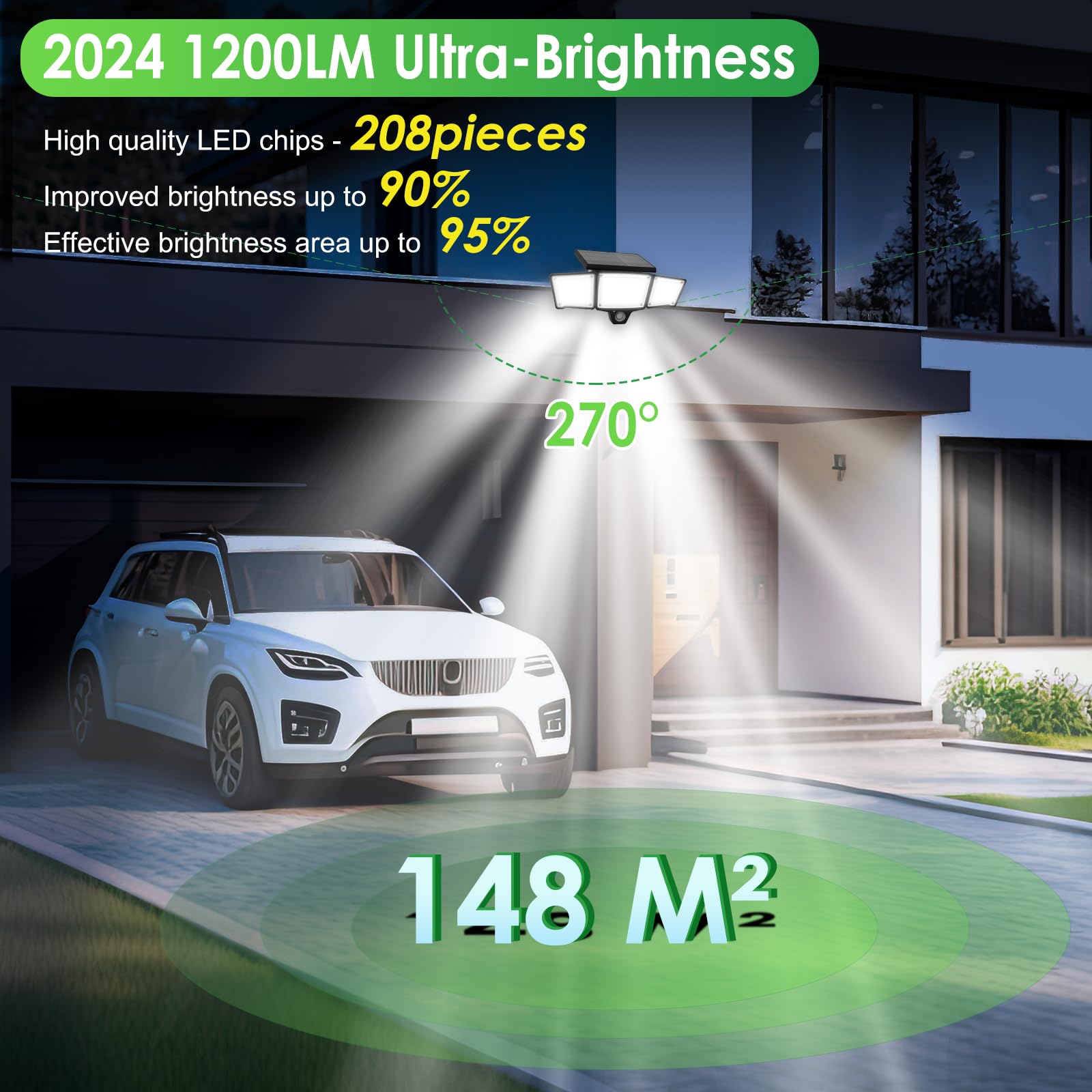 2PCS 1200LM Super Luminoso Luce Solare LED Esterno, 3 Mode 208LED Lampade Solare da Esterno Illuminazione a 270° Faretti Led Solari con Sensore di Movimento IP65 Impermeabile per Parete,Giardino