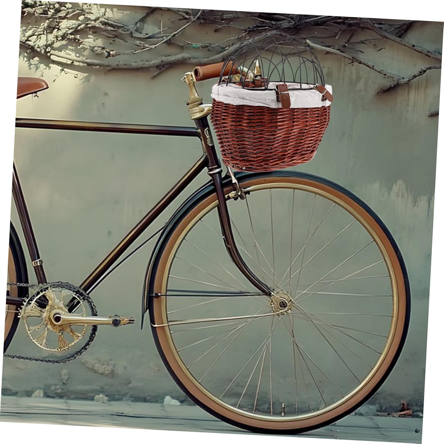 ibasenice Removable Wicker Bike Basket for Pets Durable Rattan Carrier for Dogs Cats Versatile Storage for Shopping Commuting Easy Detachable Design for Front Handlebar Use