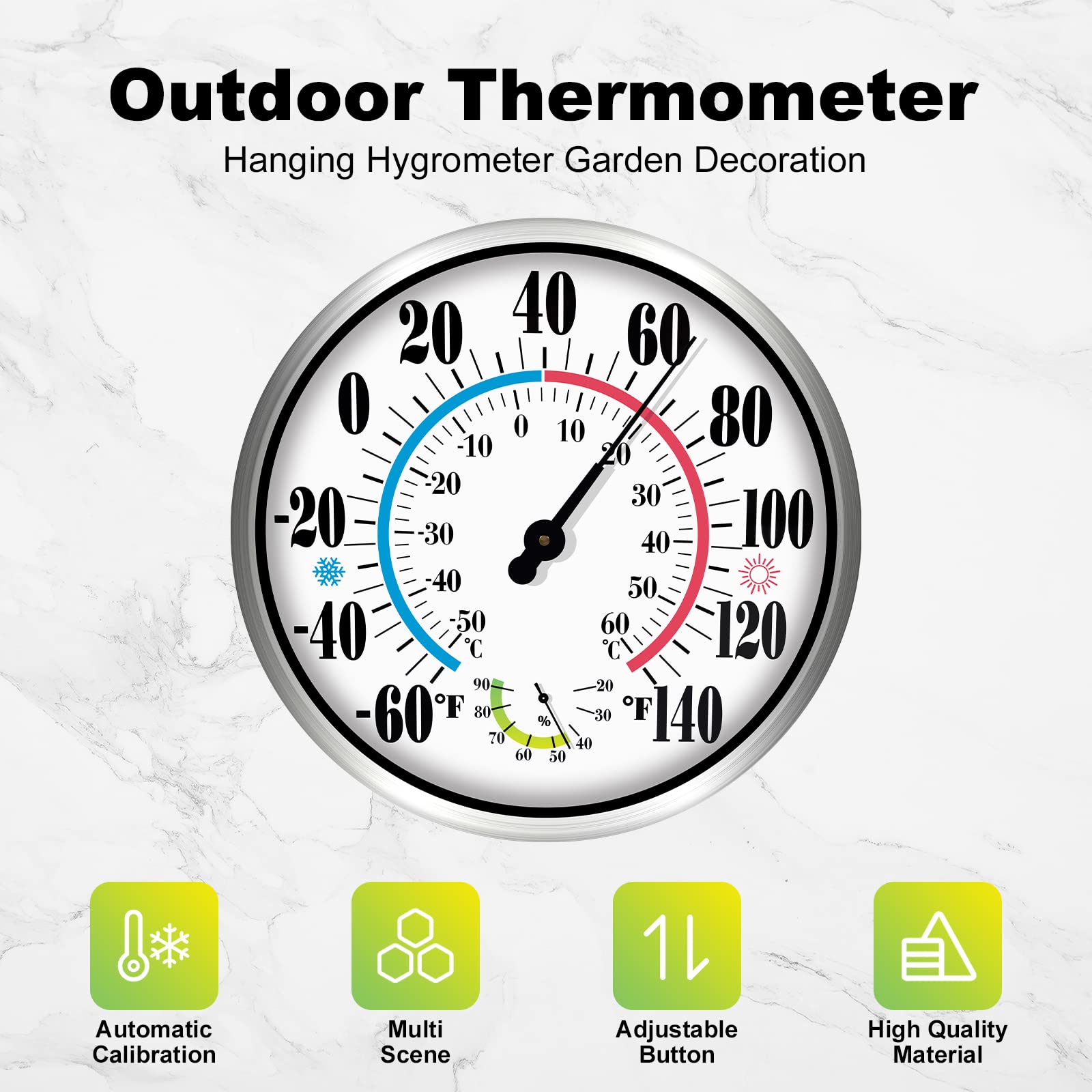 Thermomètre Extérieur Intérieur - Thermomètres Extérieurs pour Patio Grands Numéros 30 Pouces Résistant Aux Intempéries Sans Batterie Calibre Automatique Thermomètre Hygromètre Avec Boîtier en Acier