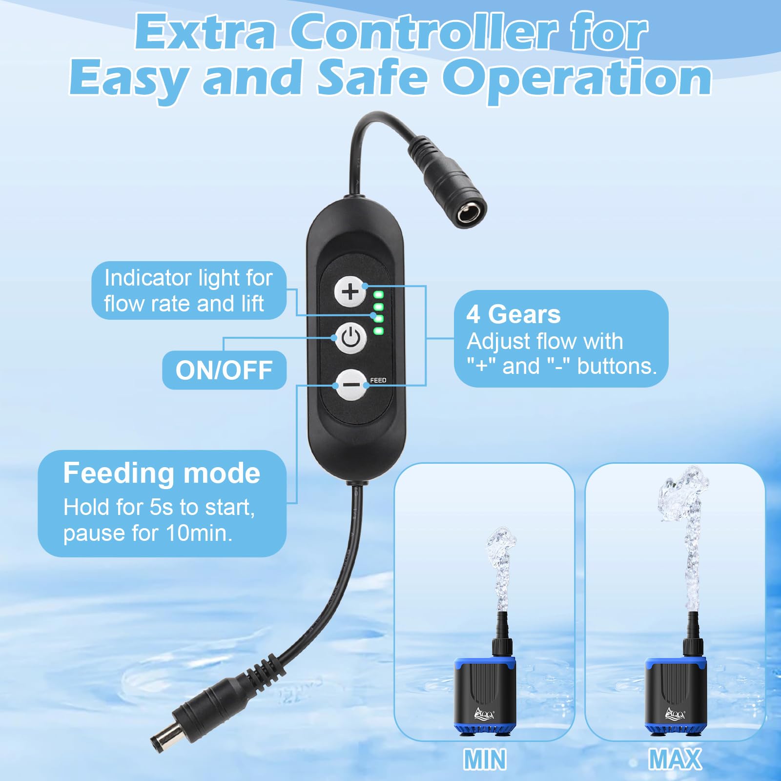 AQQA Aquarium Water Pump,DC12V 900L/H Submersible Water Pump with Controller,4-Flow Adjustable,Feeding Mode,10W Quiet Mini Pond Fountain Pumps to Empty Fish Tank,for Aquarium Pond,Garden,Fountain - Image 3