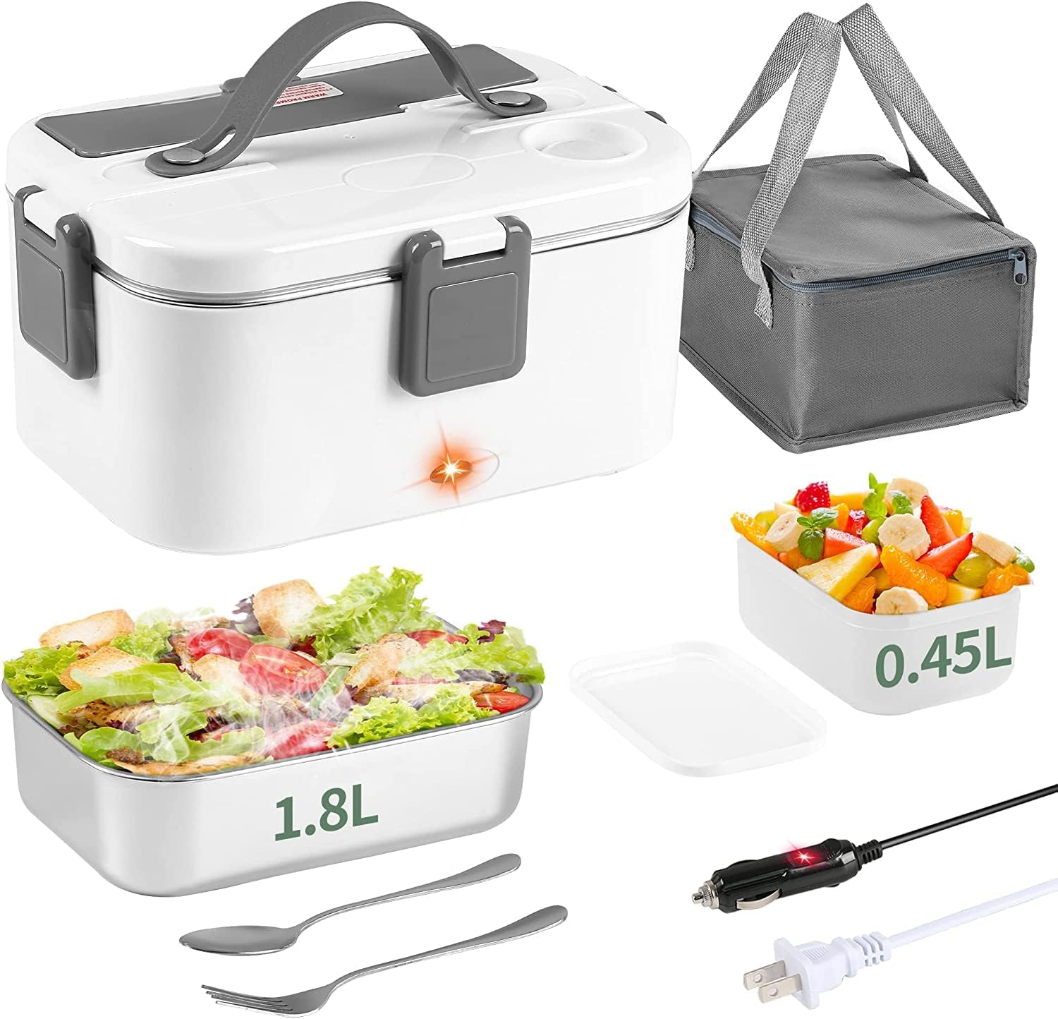 Electric Lunch Box 80W Large Portable Fast Food Heater Warmer for Adults Car Truck Work with 1.8L 304 Stainless Steel Container Fork Spoon & Bag 110V/12V/24V Heating Lunch Boxes
