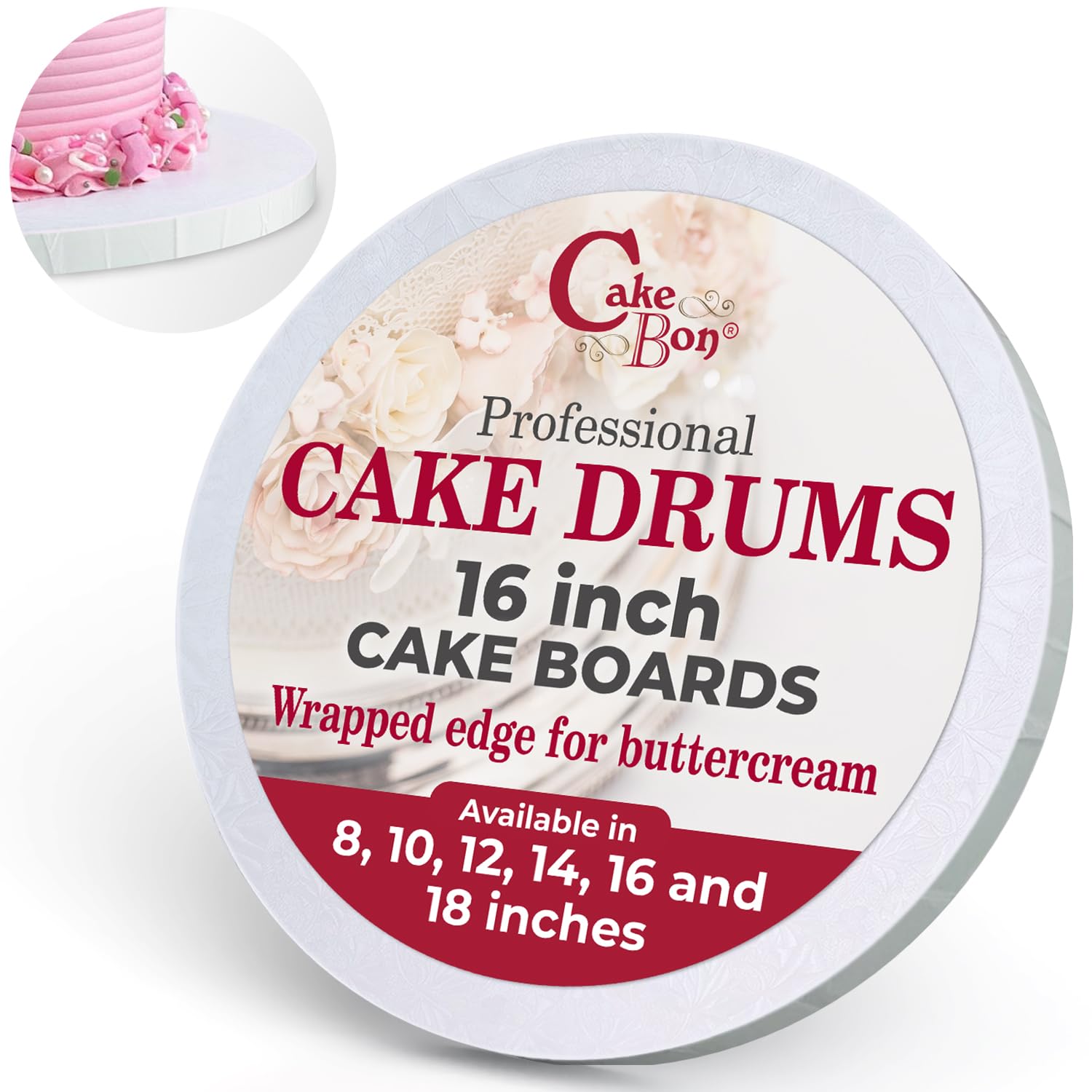 Cakebon Cake Boards 16" White Round Cake Drums 1/2" Wrapped Edge 3Pack