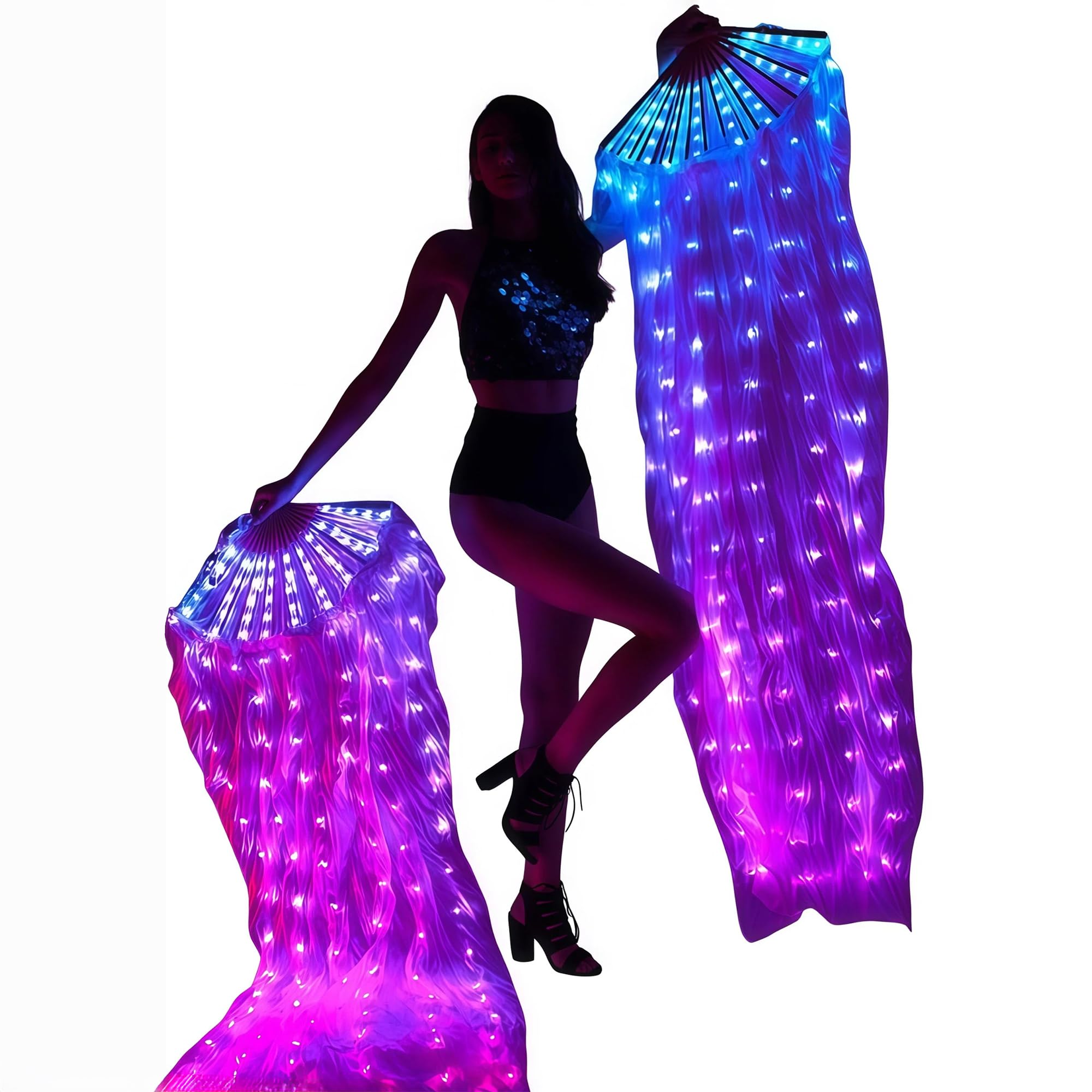 Photo 1 of JincaNiu 2Pcs Vibrant LED Flow Fans Light Up Rave Fan Silk Fans for Dancing Belly Dance Fans LED Fans Rave Festival Wedding Performance Cosplay Carnival Glowing Hand Fan