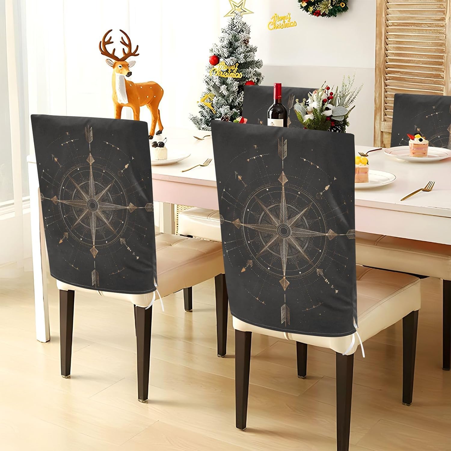 ALAZA Arrows and Nautical Compasses Chair Back Cover Set of 6, Washable Reusable Removable Chair Slipcovers Decorative Chair Cover for Home Kitchen Wedding Party