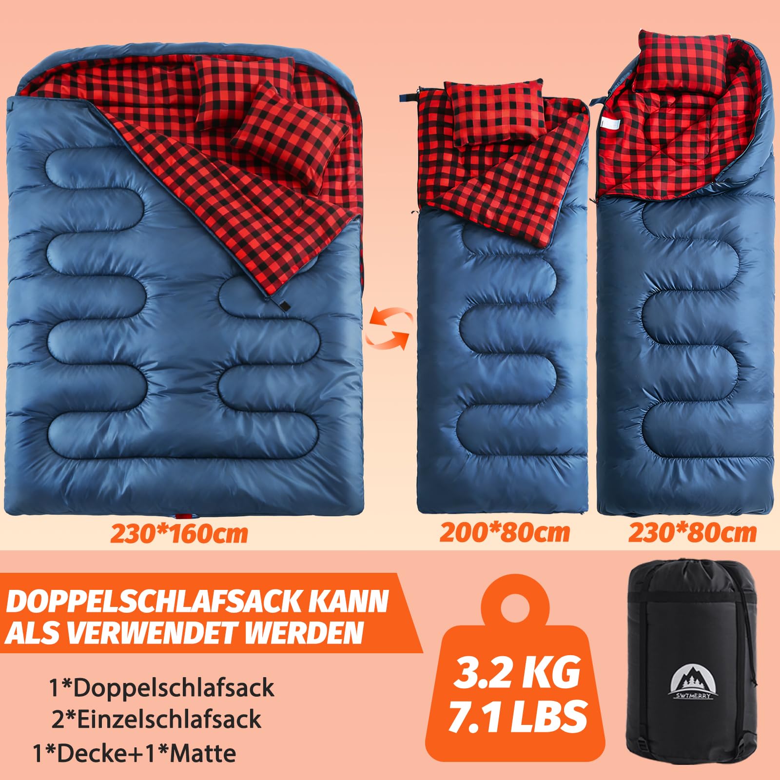 SWTMERRY Camping Doppelschlafsack für Erwachsene - Schlafsack 2 Personen, 230x160cm Deckenschlafsäcke mit 2 Kissen für Familie Outdoor, Wandern, Reisen
