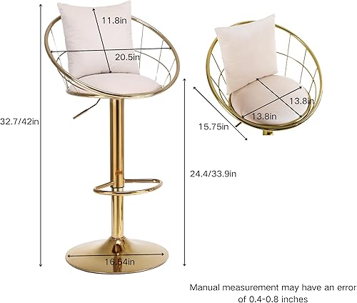 Miniatura 2 de Sillas altas giratorias de terciopelo de 360 grados para comedor, taburete de bar ajustable de altura de mostrador, chapado en oro sólido, taburete