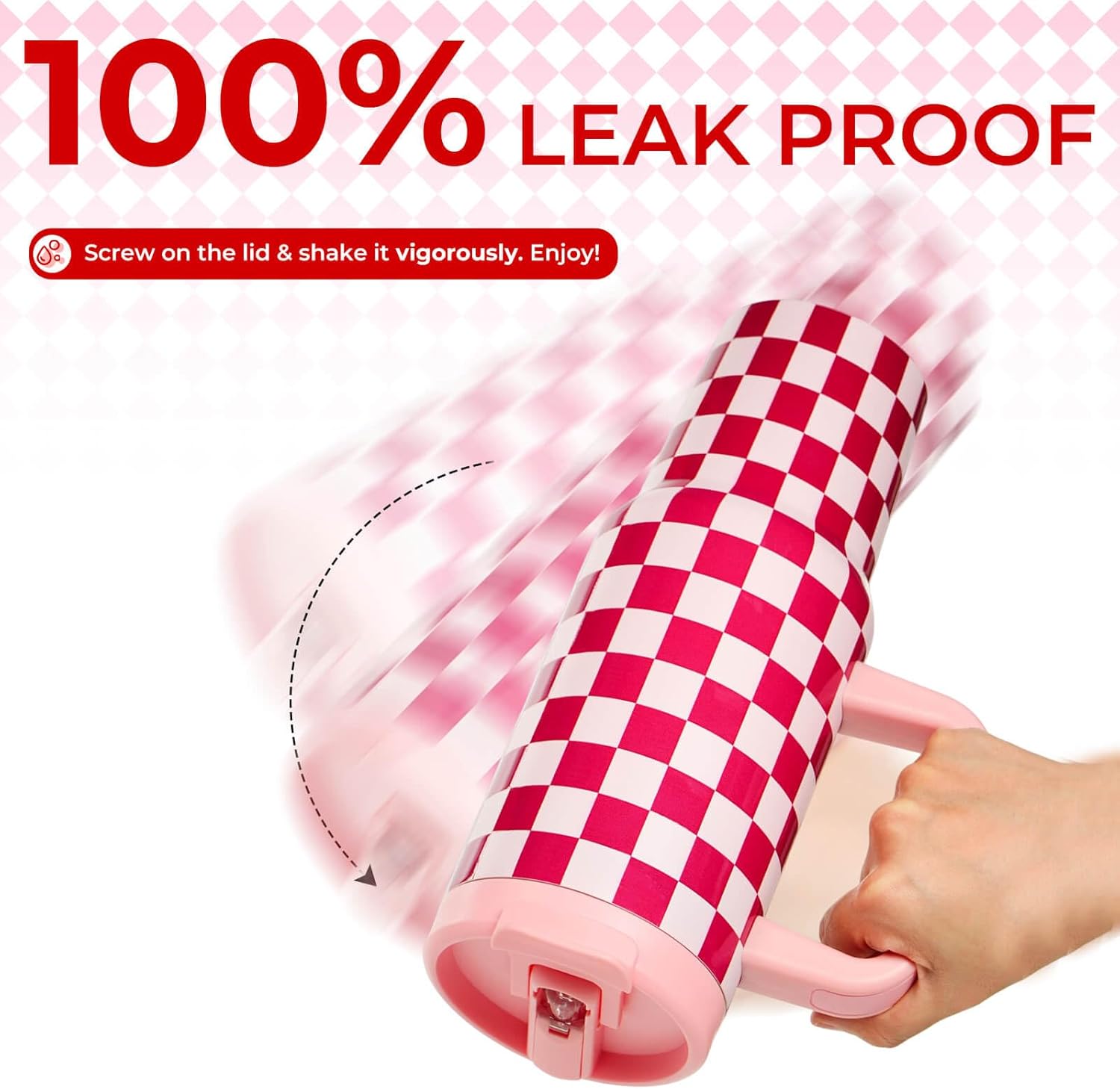 ProTour 100% Leakproof 40 oz Tumbler with Handle & 4-in-1 SipSwig Lid | Built-In Flip Straw & External Stainless Steel Straw | Insulated Stainless Steel Cup | BPA-Free | Pink Checkered - Image 3