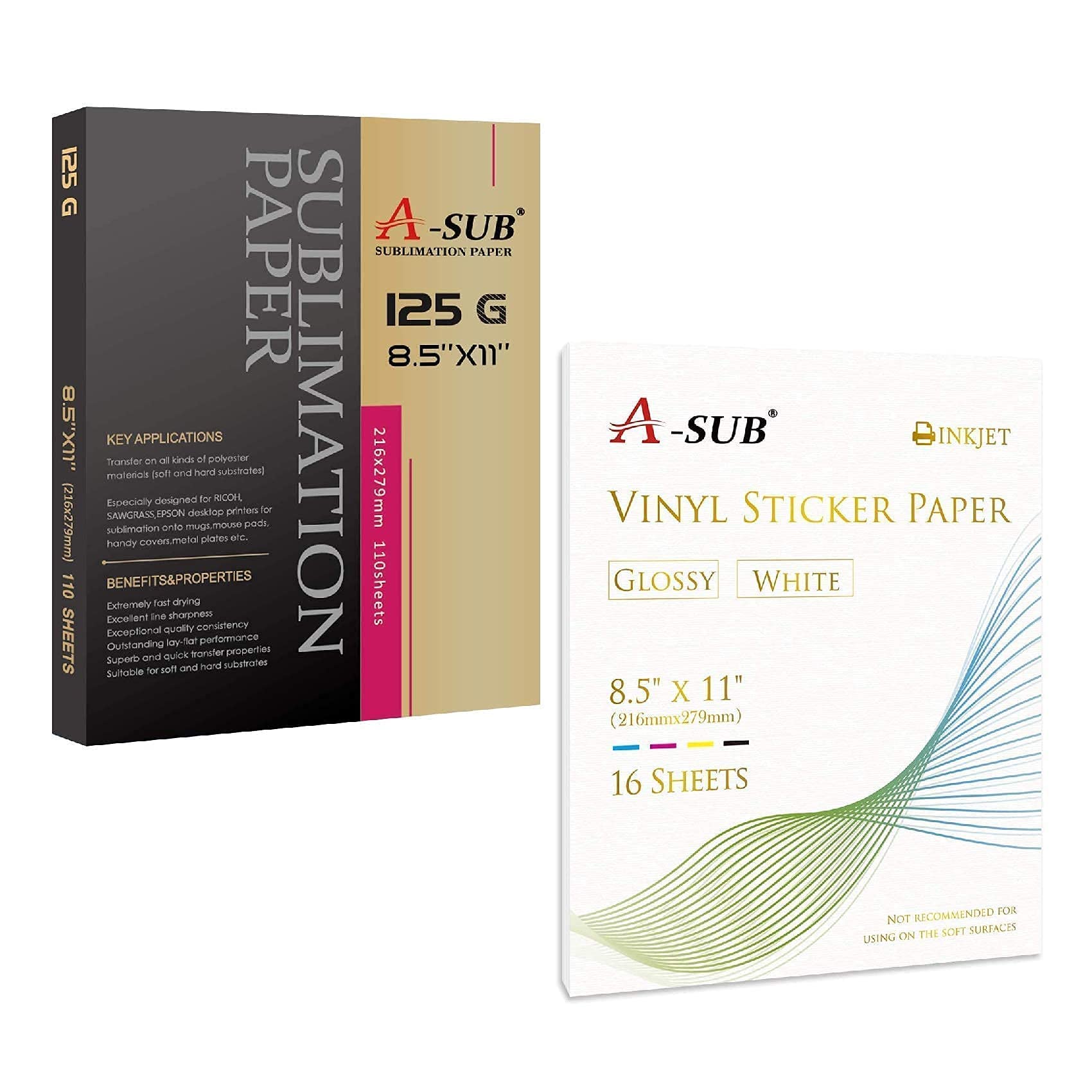A-SUB Sublimation Paper and Inkjet Printer Glossy Vinyl Sticker Paper Bundle Pack