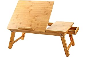 Nnewvante Adjustable Bamboo Breakfast Serving Bed Tray Table w' Tilting Top Drawer