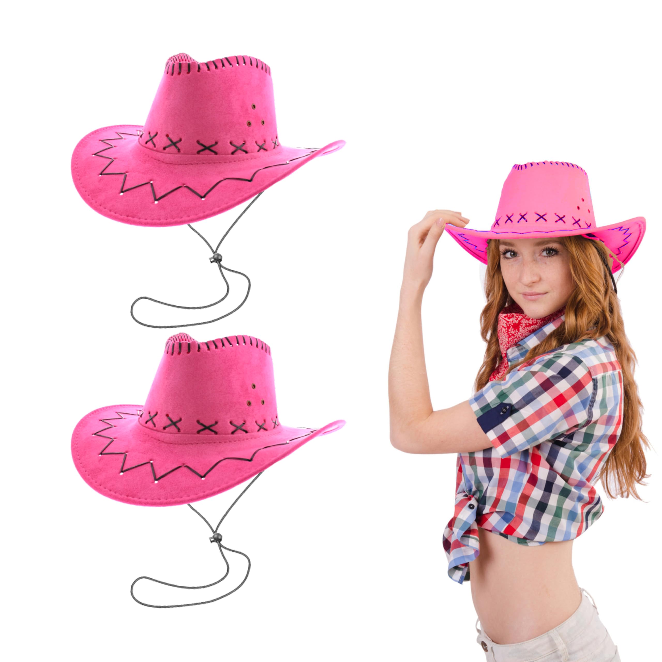 Lizzy 2 x Adult Cowboy Hat Faux Suede Material with Cross Hatch Stitching Detail Wild West Western Sheriff Mens Womens hat Halloween Cow Girl Hats Costume for Fancy Dress Accessories (Pink)