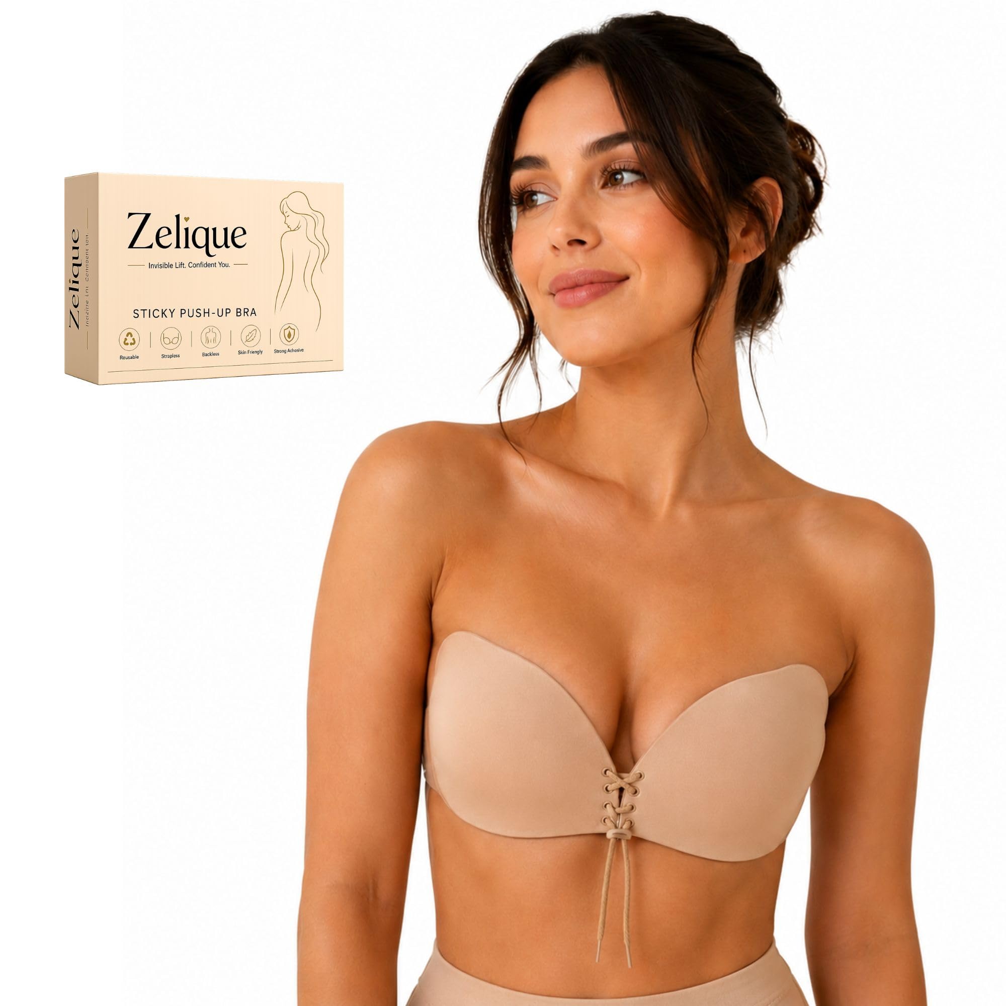 Invisible Adhesive Bra for Women Size B | Reusable Strapless Backless Stick-On Push Up Silicone Cups | Skin Friendly Self Adhesive | Beige-picture-32