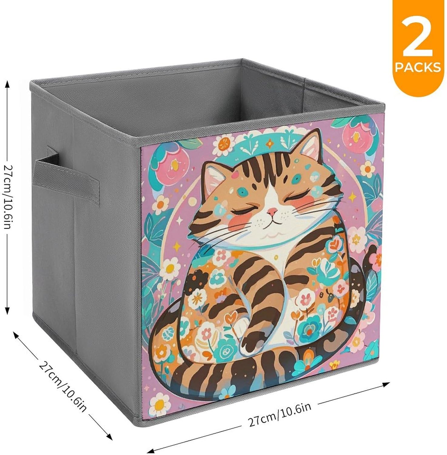 Sleeping Cat Foldable Storage Box with Handles, Durable Oxford Storage Cubes, 2PCS Collapsible Closet Organizer for Home, Shelf, Office, Travel