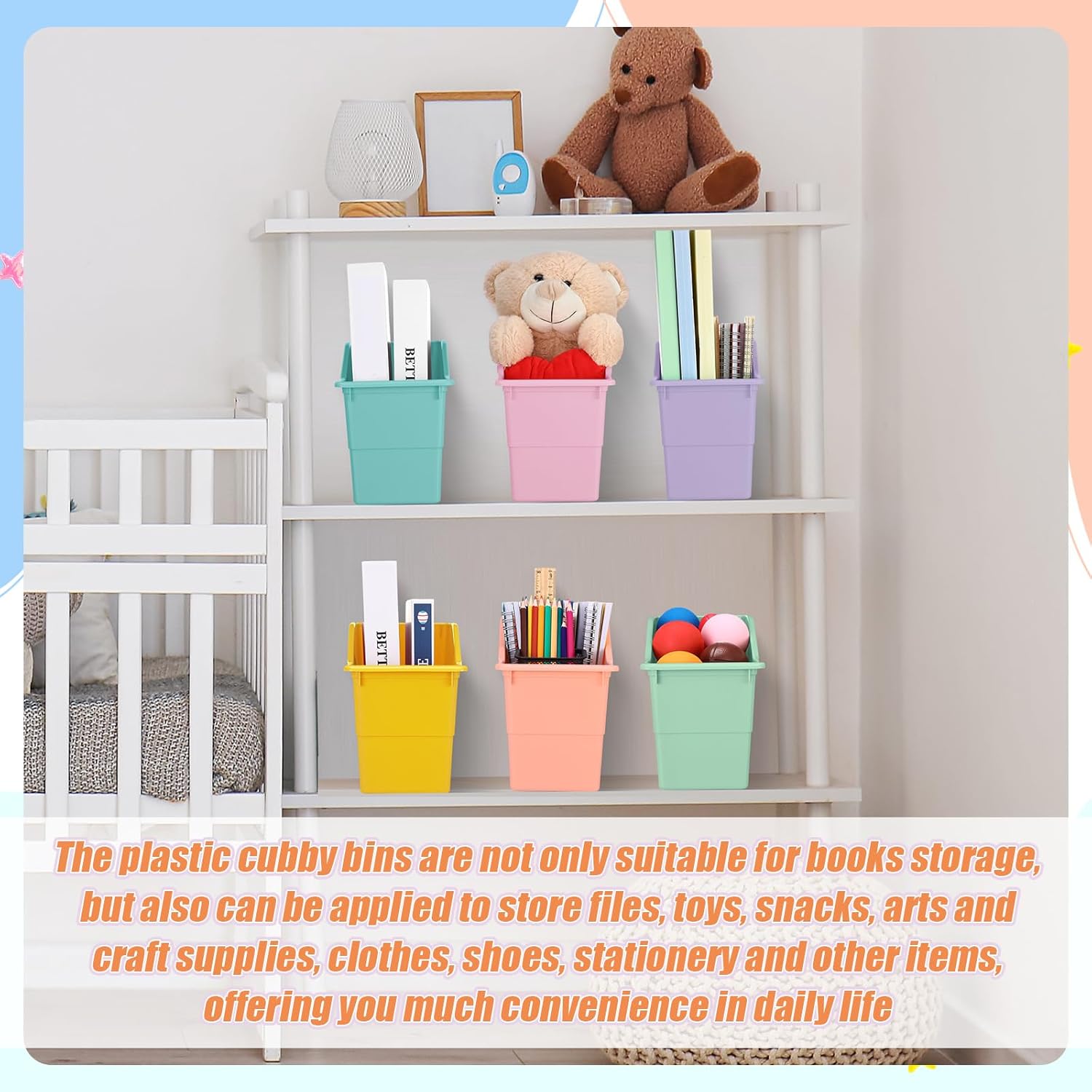 Affrolling 12 Packs Book Bins for Classroom Plastic Book Binder Holders Vertical Organizer Baskets Storage Boxes for Classroom Library Home Office Organization Stationery Supplies (Pastel Colors)
