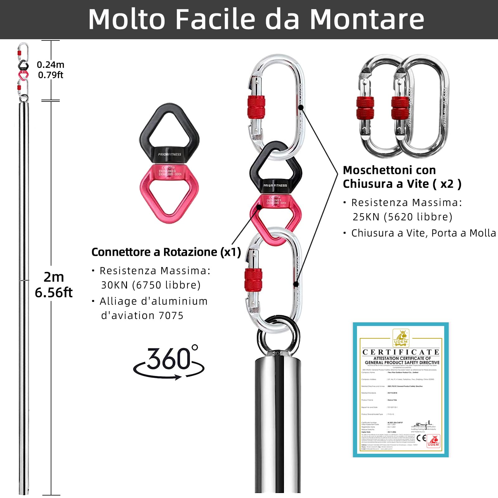 PRIOR FITNESS Palo Pole Dance da Casa 45 mm, Palo Staccabile, Set di Bastoni da Ginnastica Volanti - Ideato per Palestre e Bar Domestici (Portata 150 kg)