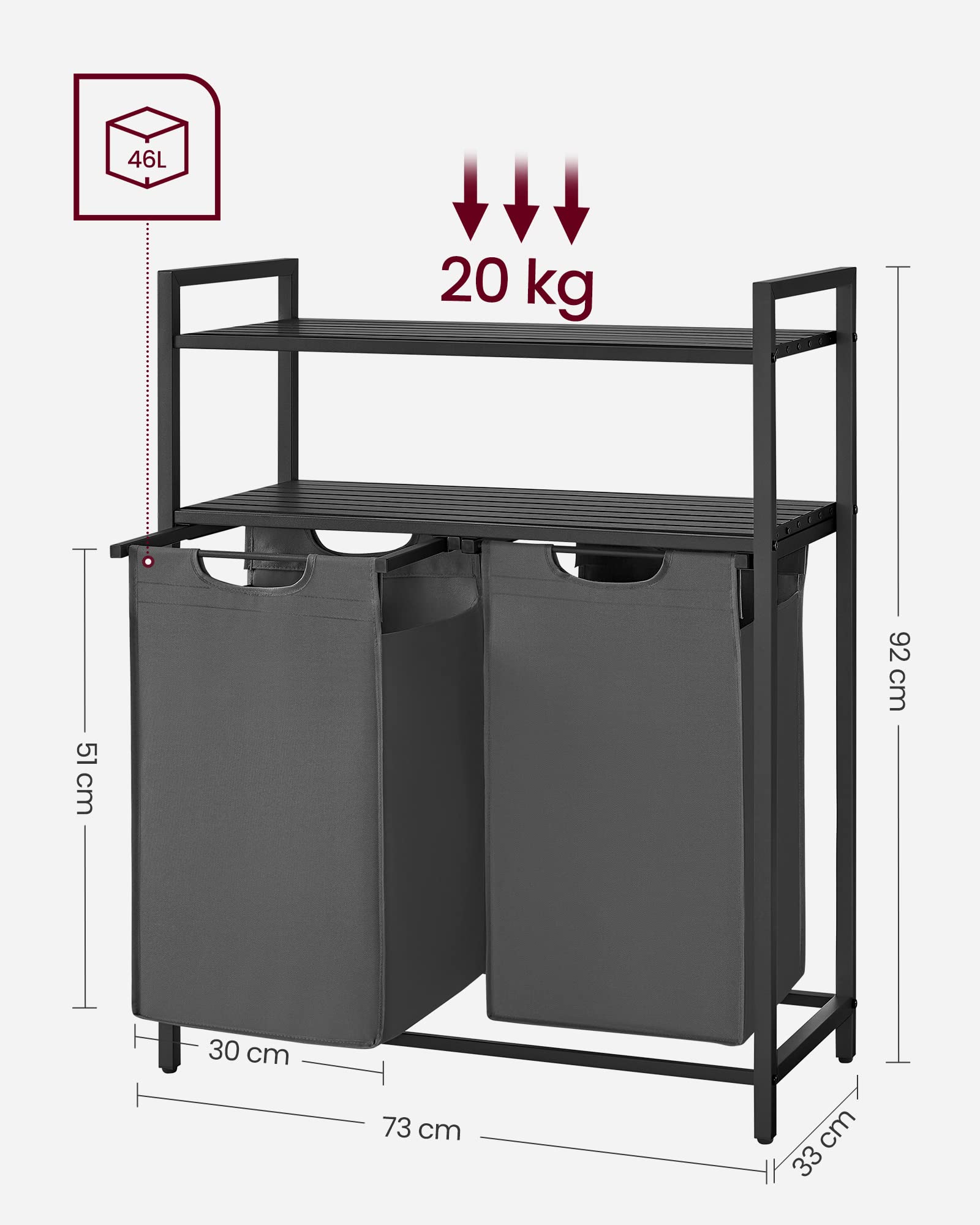 VASAGLE Kosz na pranie, kosz na brudną bieliznę, 2 przegródki do przechowywania, 2 zdejmowane torby z tkaniny Oxford, 2 półki, metalowa rama, 46 l na każdą torbę, czarny i szary BLH211G01