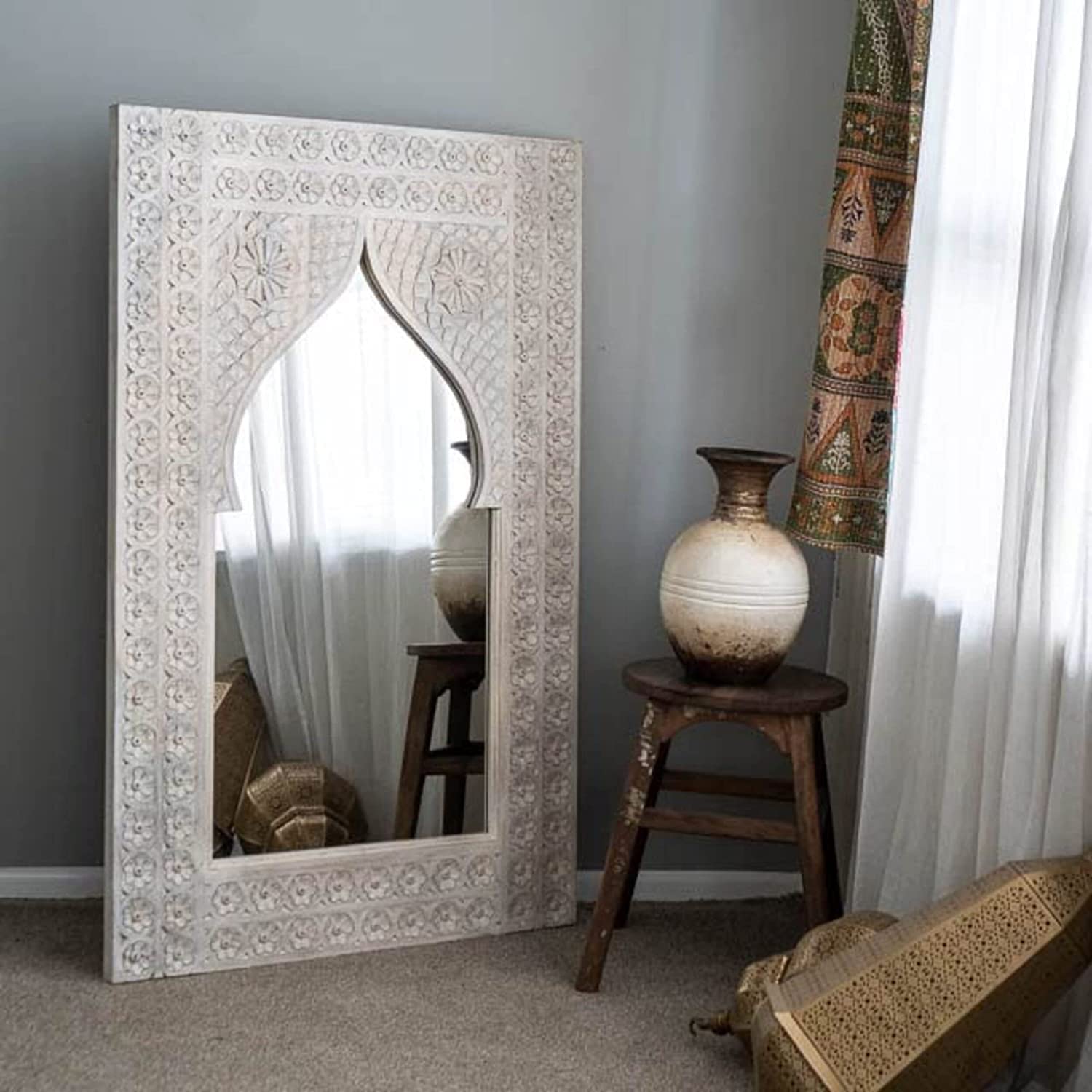 JL Home Decor Handmade Jharokha Shaped Carved Decorative Wall Mirror Frame in Solid Hard Wood for Bedroom | Home Decor | Living Room 120x75cm White Arch Style Rustic Frame