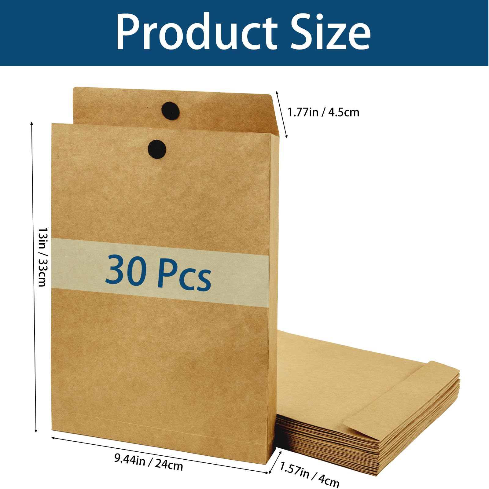 Cheardia Lot de 30 enveloppes d'expédition en kraft extensibles de 33 x 24 cm, très résistantes à la déchirure avec fermeture , 200 g/m², pour rangement de documents de bureau, photos, organisation