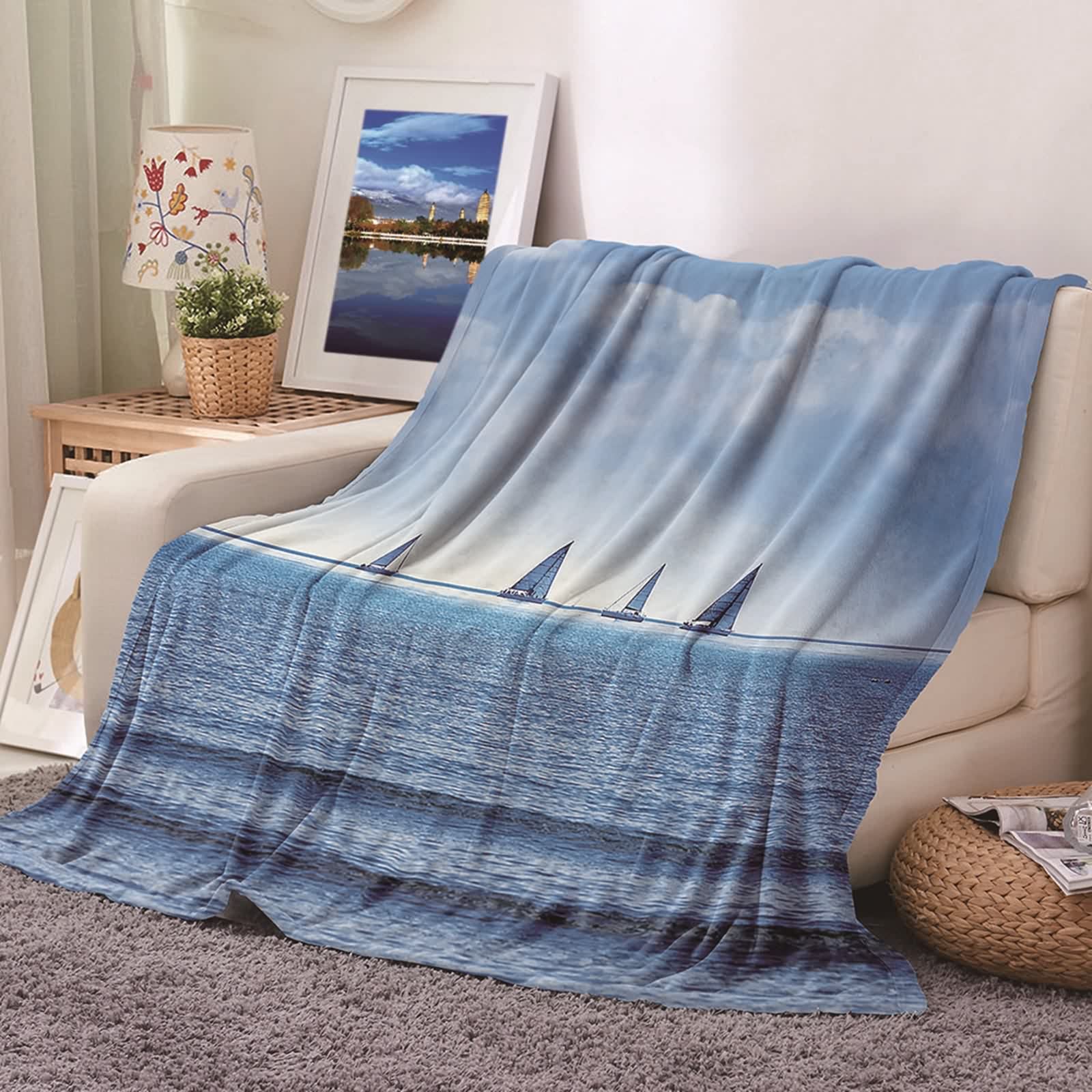Couverture plaid flannel 180x200cm bleu à motif de voiliers KnSam