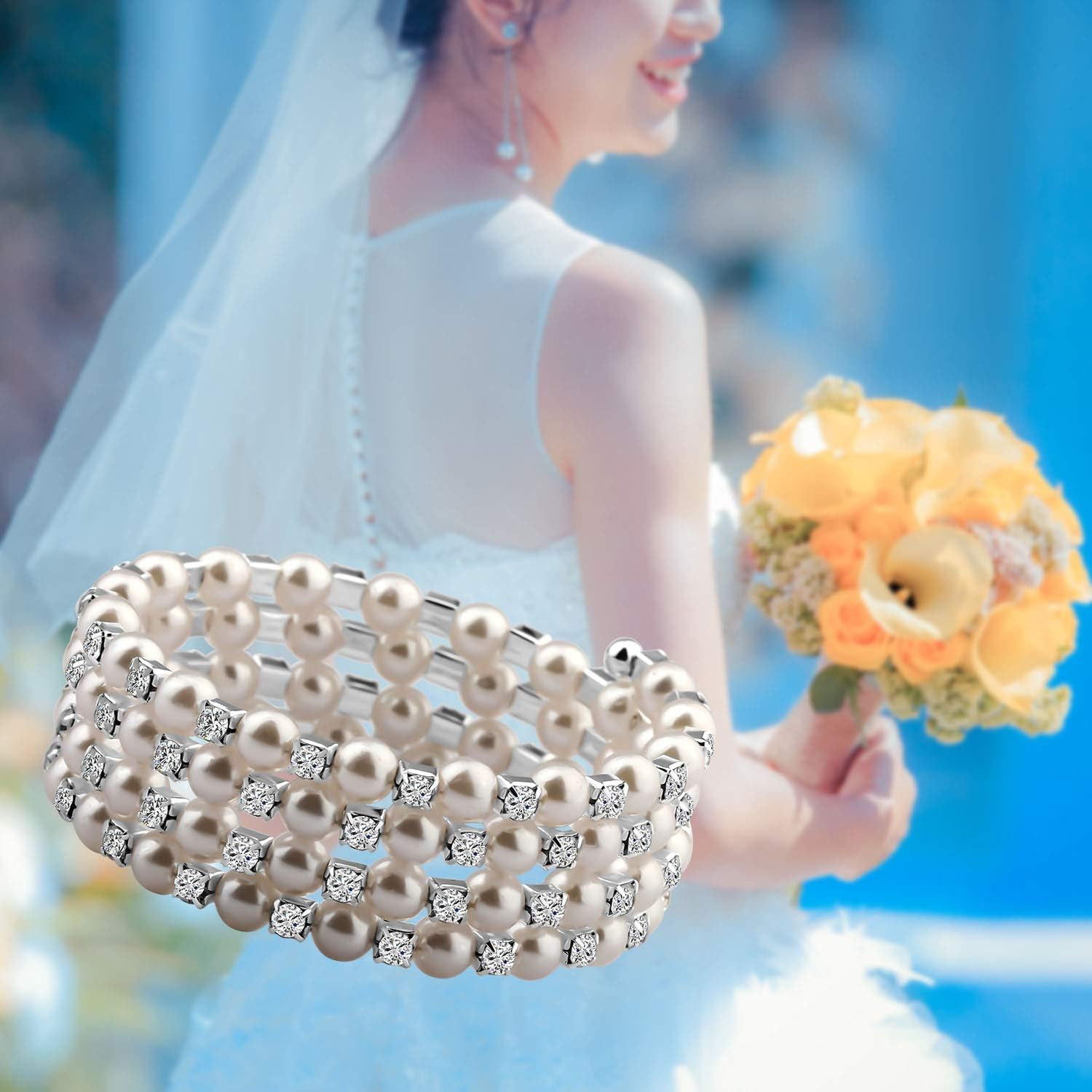 bobauna Multilayer Pearl Rhinestone Wrap Cuff Bracelet Wedding Party Jewelry Gift For Bridal Bridesmaid