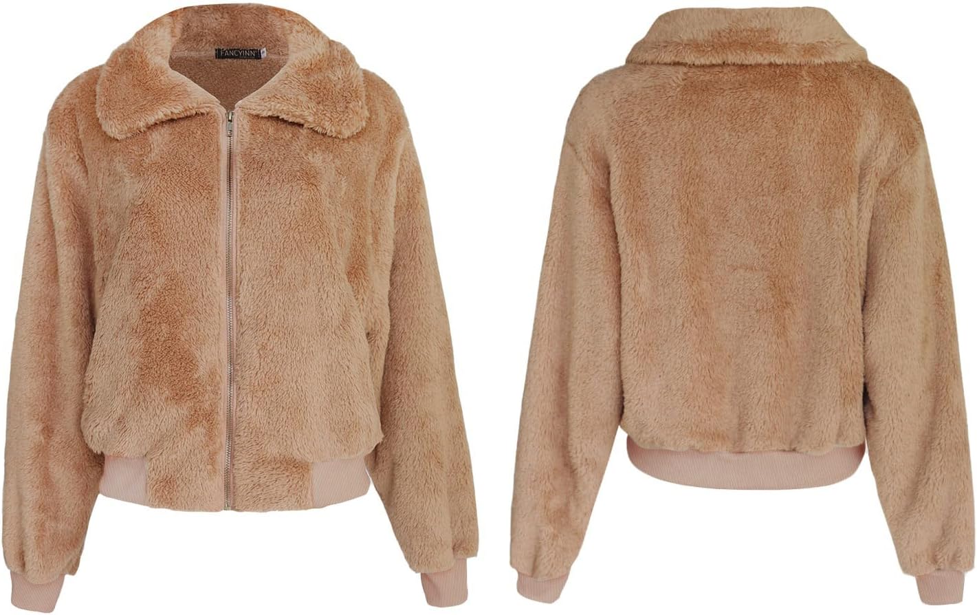FANCYINN Womens Teddy Cropped Faux Fur Jacket Furry Lapel Coat Zip Up with Pockets Warm Winter - Image 7