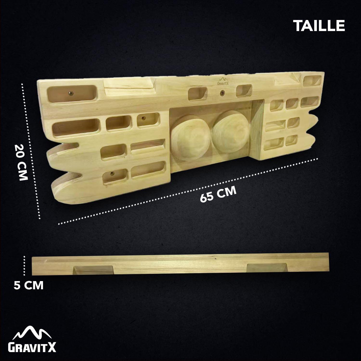 GravitX – Planche d’Escalade en Bois 65 cm – Fingerboard d’Entraînement avec Multiprises 18 à 45 mm – Accroche Murale avec Crochet de Sécurité et Plaques de Caoutchouc