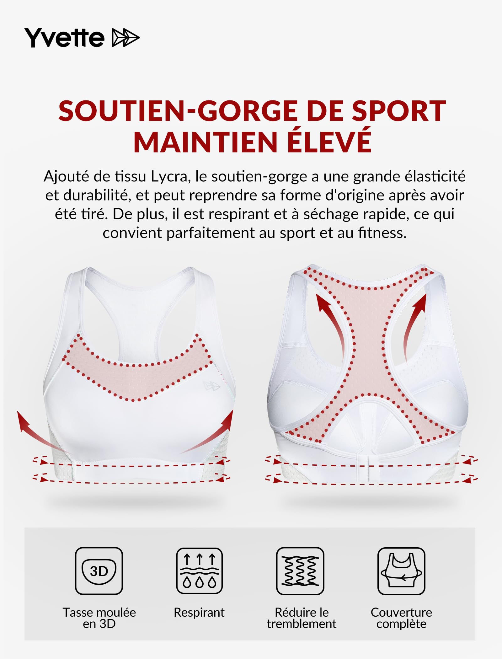 Yvette Soutien-Gorge de Sport Femmes Dos Nageur en Maille Maintien élevé Brassière sans Armatures avec Coussinets Fitness Équitation HIIT