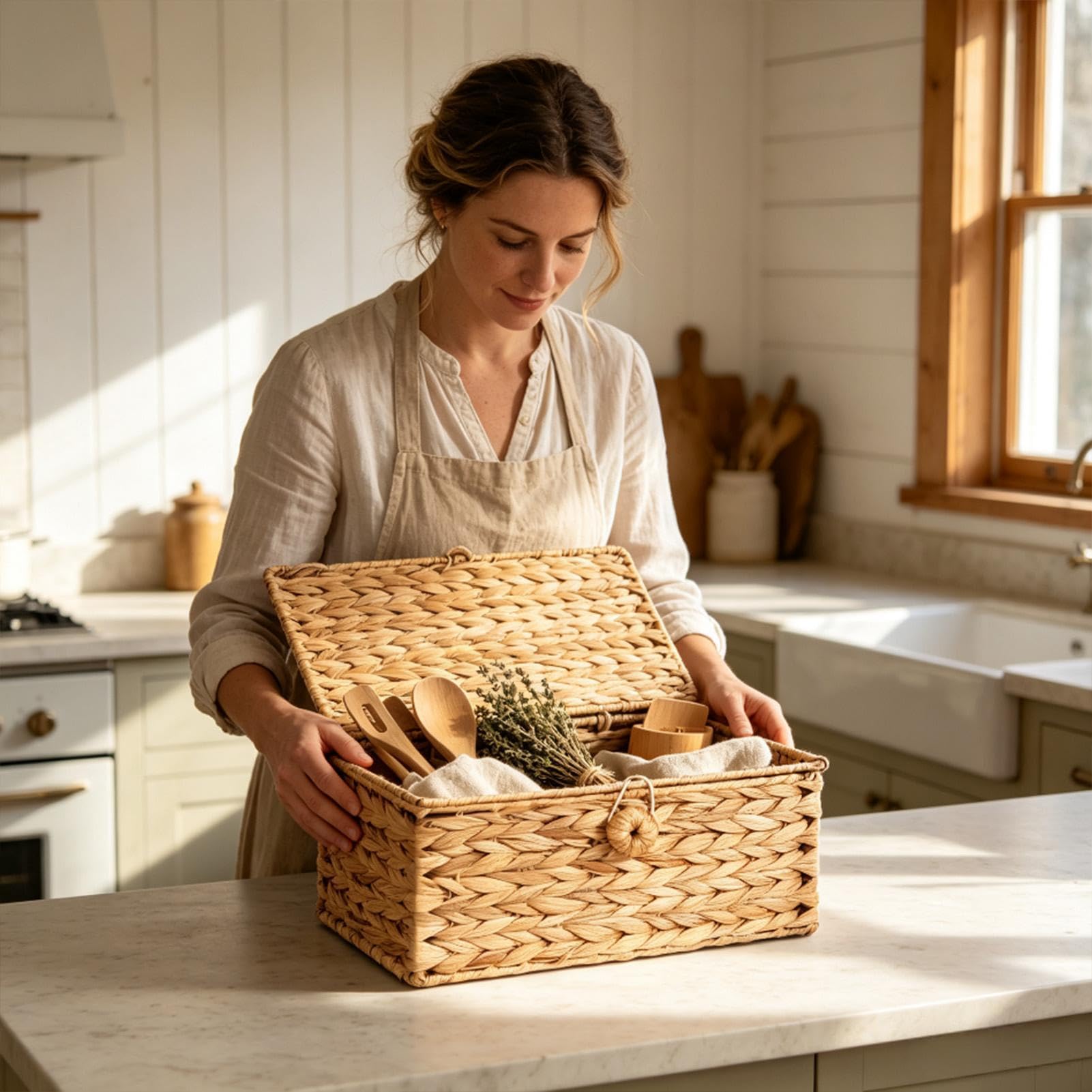 Panier en rotin avec couvercle - Panier rectangulaire empilable tissé à la