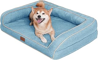 EMME Dog Bed for Small Dogs, 68 x 50 x 17 cm, Orthopaedic Dog Bed, Waterproof, Deluxe Dog Sofa with Egg Foam Mattress and Removable, Washable Cover, Dog Basket, All Seasons, Light Blue product image