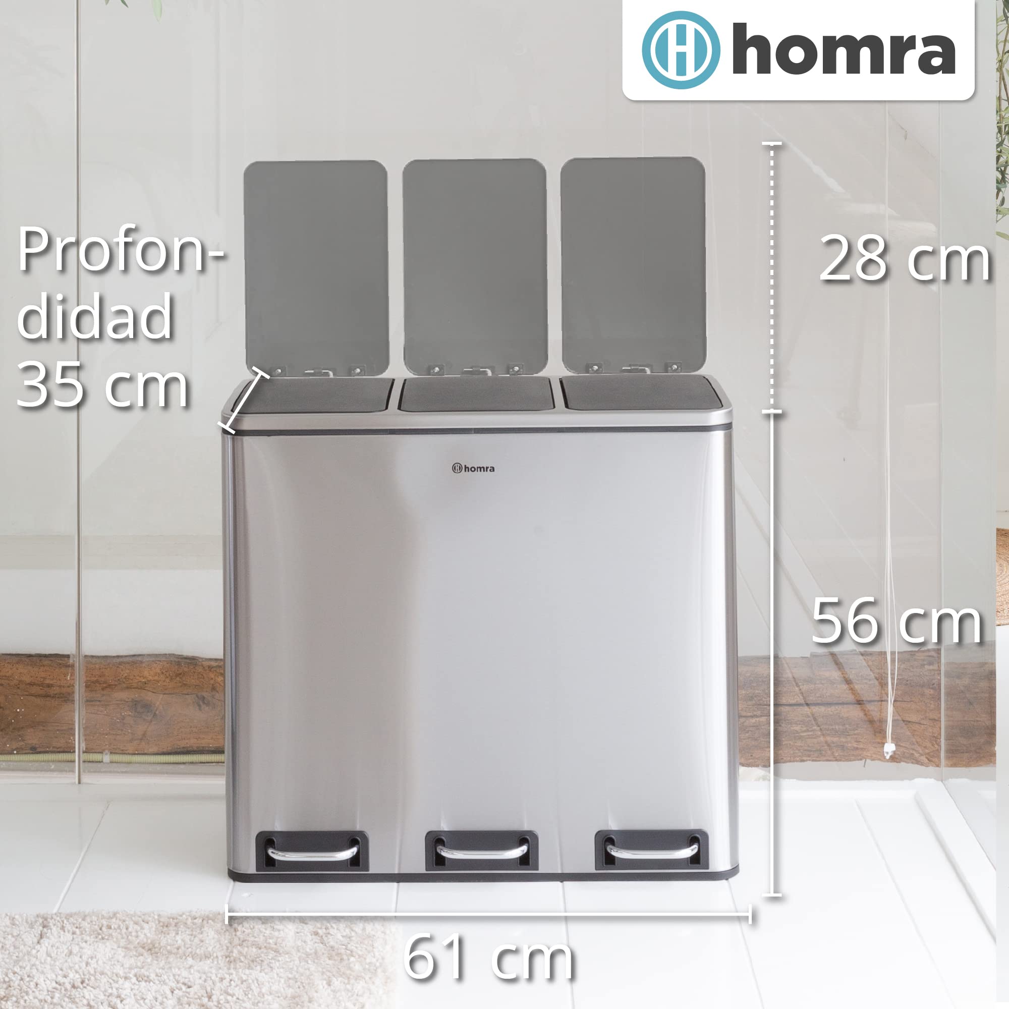Homra Sparq - Papelera de reciclaje con 3 compartimentos, 54 L (3 x 18 litros) - Cubo triple grande - Cubo de basura con diseño de acero inoxidable