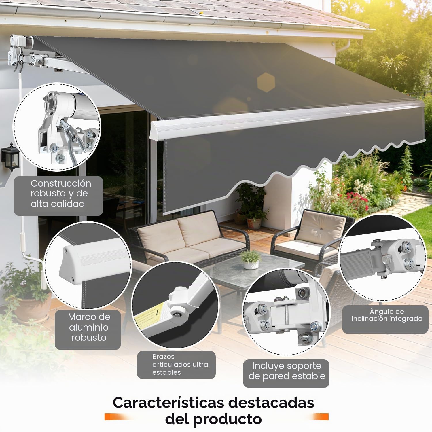Toldo con brazo articulado, 350 x 300 cm, toldo manual con manivela, ajuste de ángulo de hasta 30 grados, protección solar, protección contra el agua, incluye soporte de pared, color gris