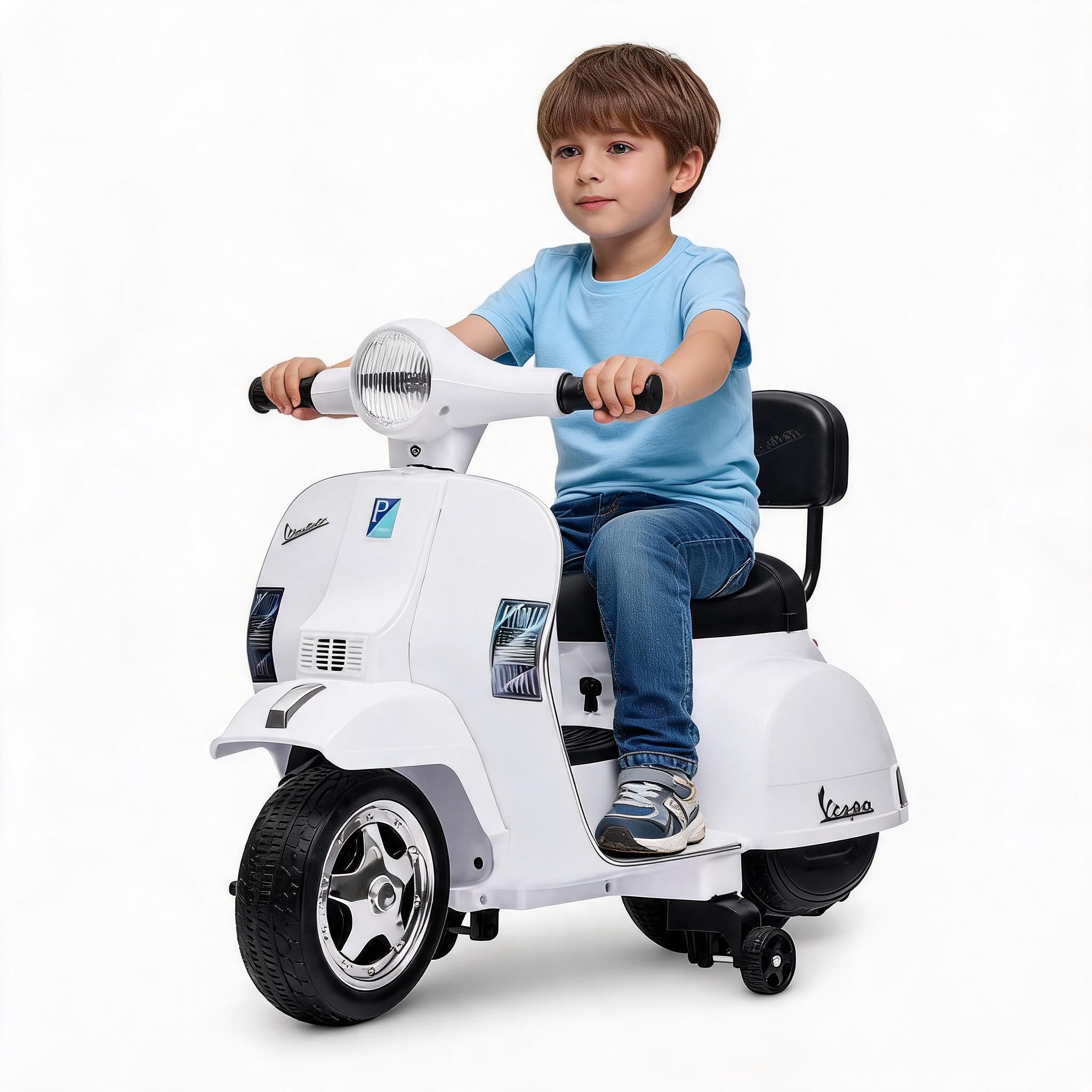 IDEALHOUSE Licensed Classic 6V Kids Electric Ride-on Scooter Motorbike 4-Wheel Anti-Tip Stability with Padded Seat Backrest for Age 3-7,white