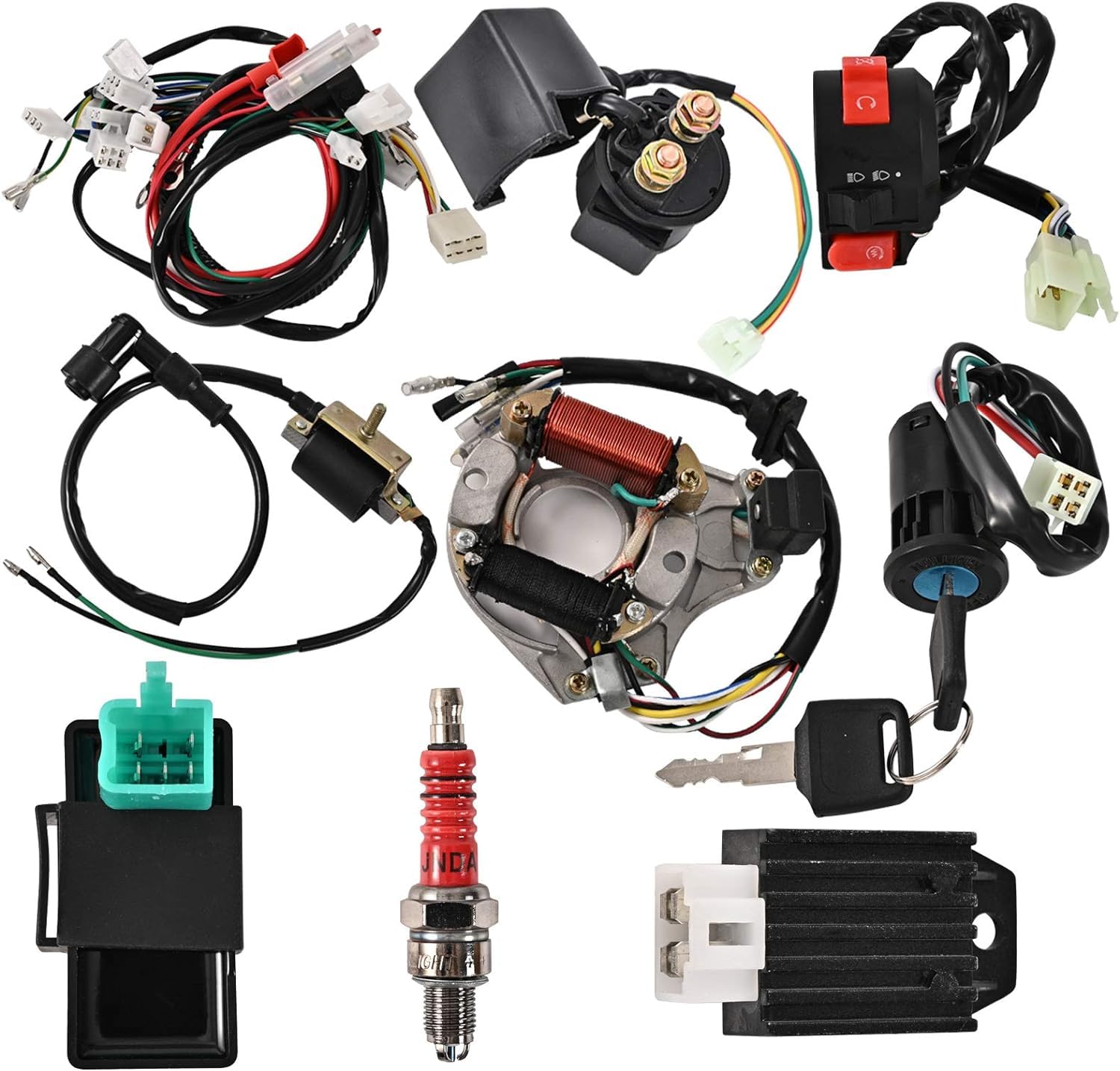 Trkimal Bobina completa de estator eléctrico, arnés de cableado CDI, interruptor de encendido, relé solenoide, bujía para ATV 50 cc 125 cc, Pit Quad, Dirt Bike, Go Kart