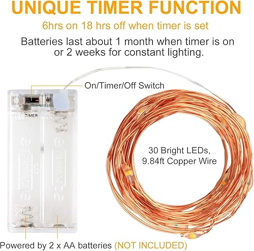 Miniatura 2 de innotree Paquete de 6 tiras de luces LED que funcionan con pilas, con temporizador, 10 pies, 30 luces LED alimentadas por batería, alambre de cobre,